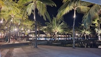 Main pool and grounds at night