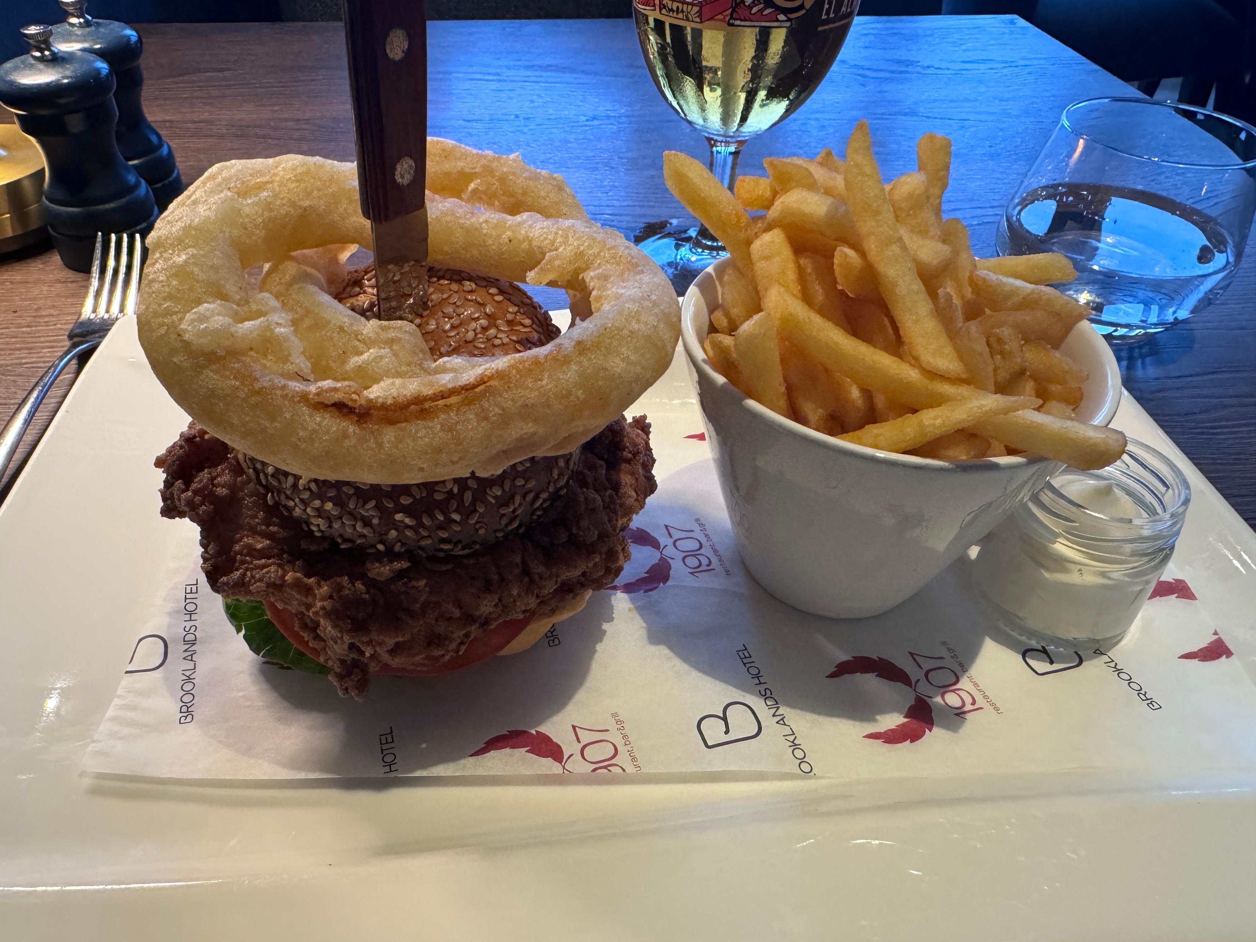 Chicken Burger, onion rings and fries 