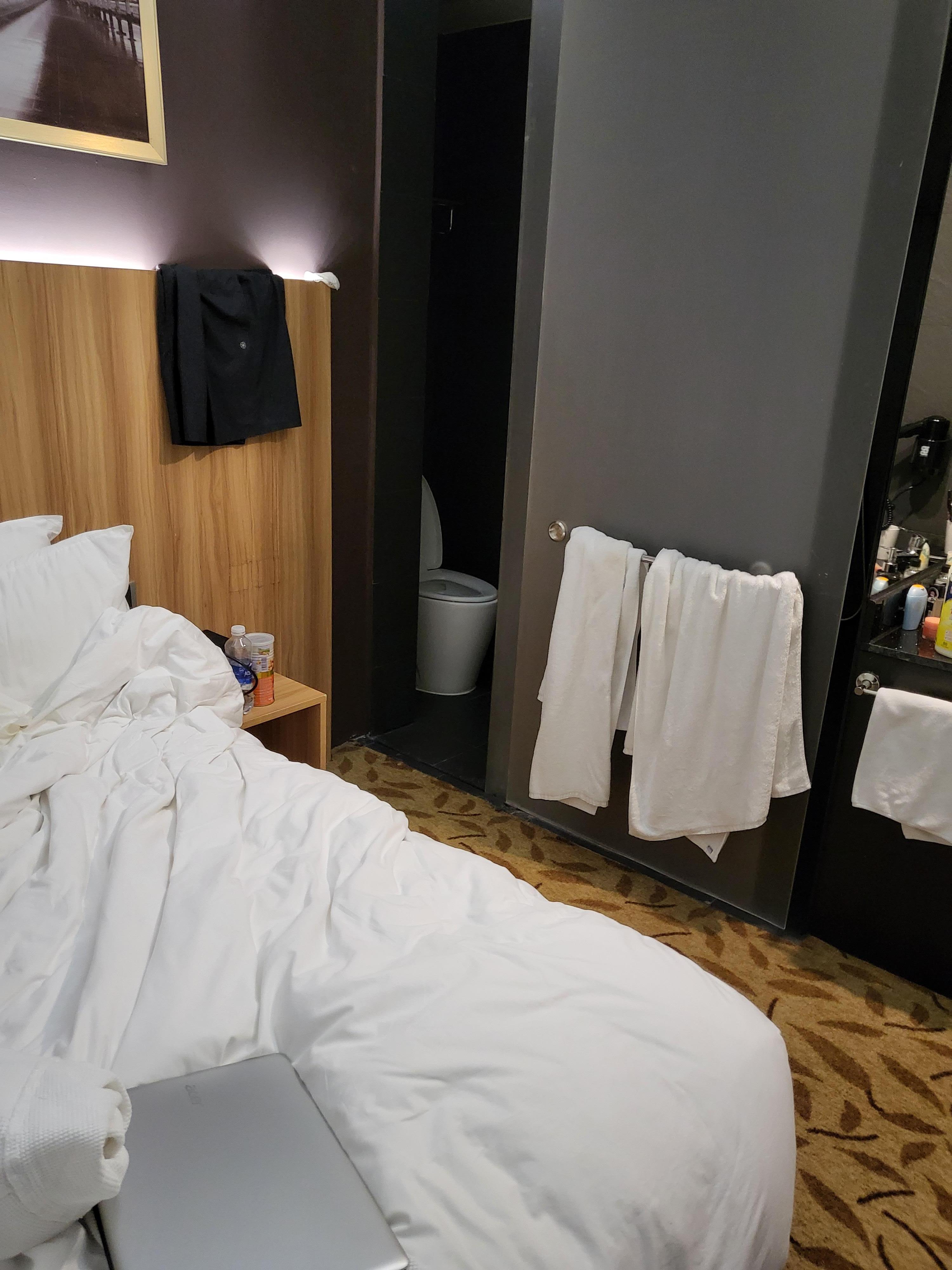 The bathroom door which is 1.5 meters away from the bed, doesn't close. 
So if you are taking a poo, you are very exposed. Stripping you of your dignity.