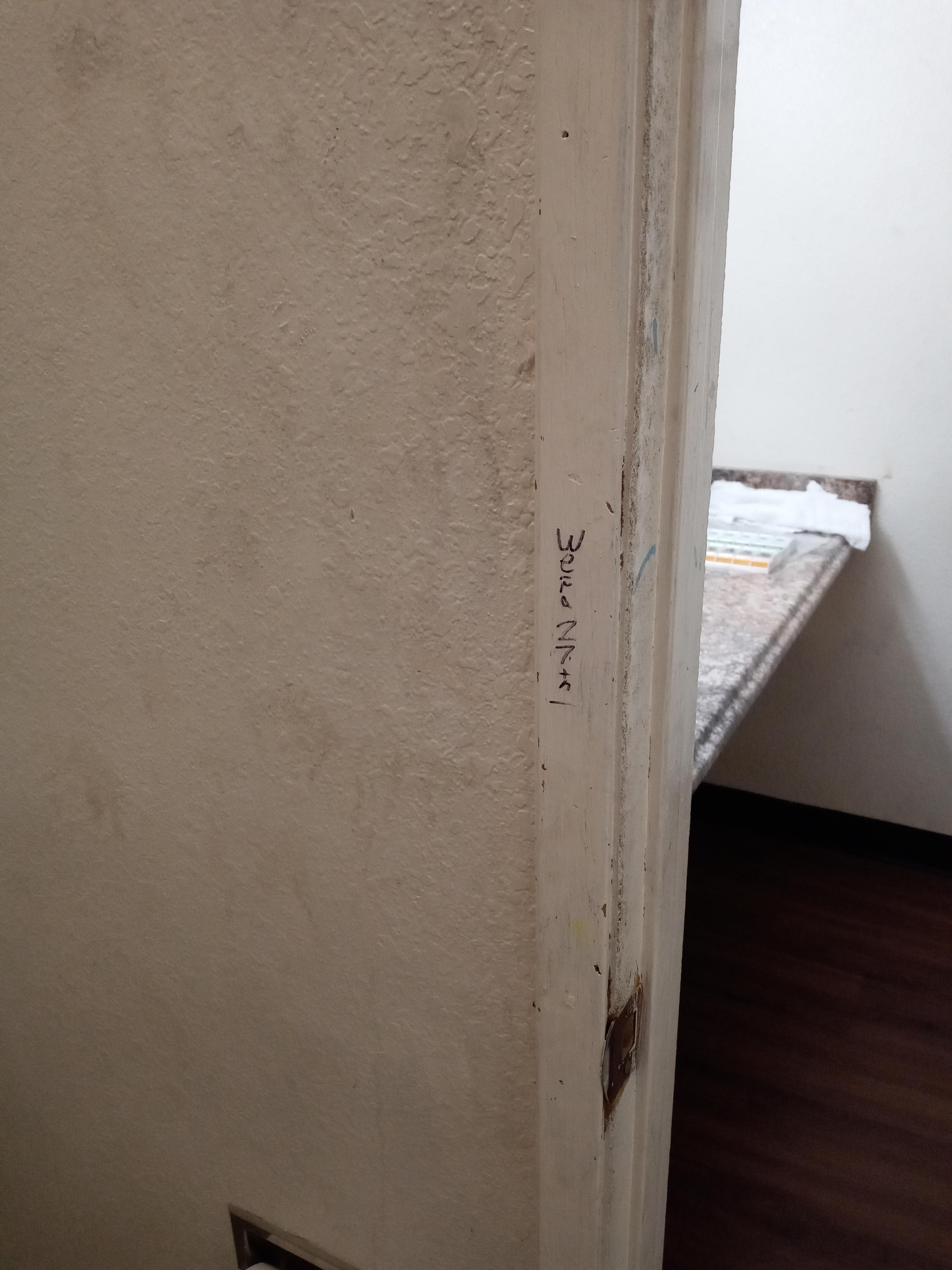 Graffiti and dirt on the bathroom door frame