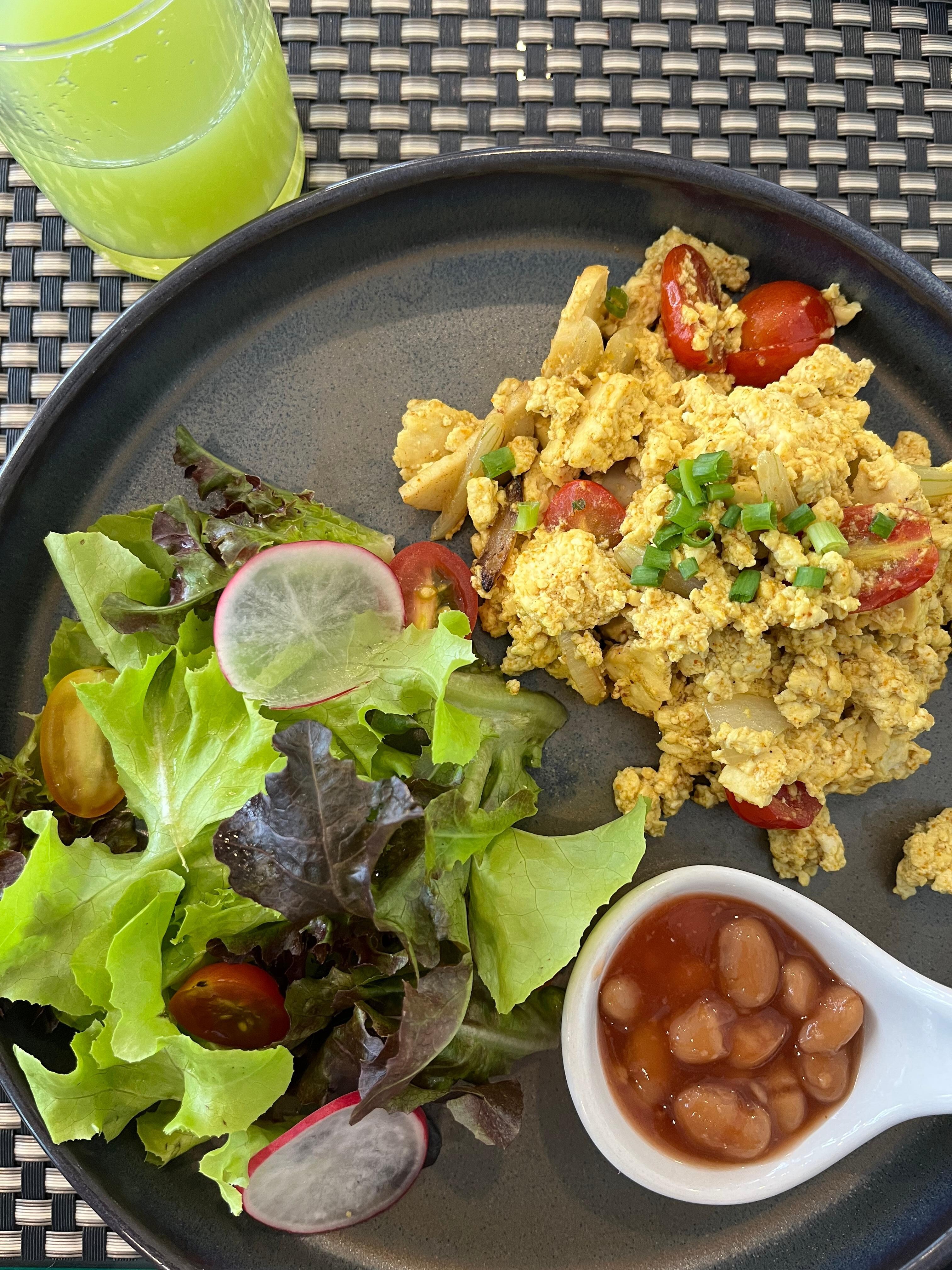 Breakfast included, savory tofu scramble with mushroom