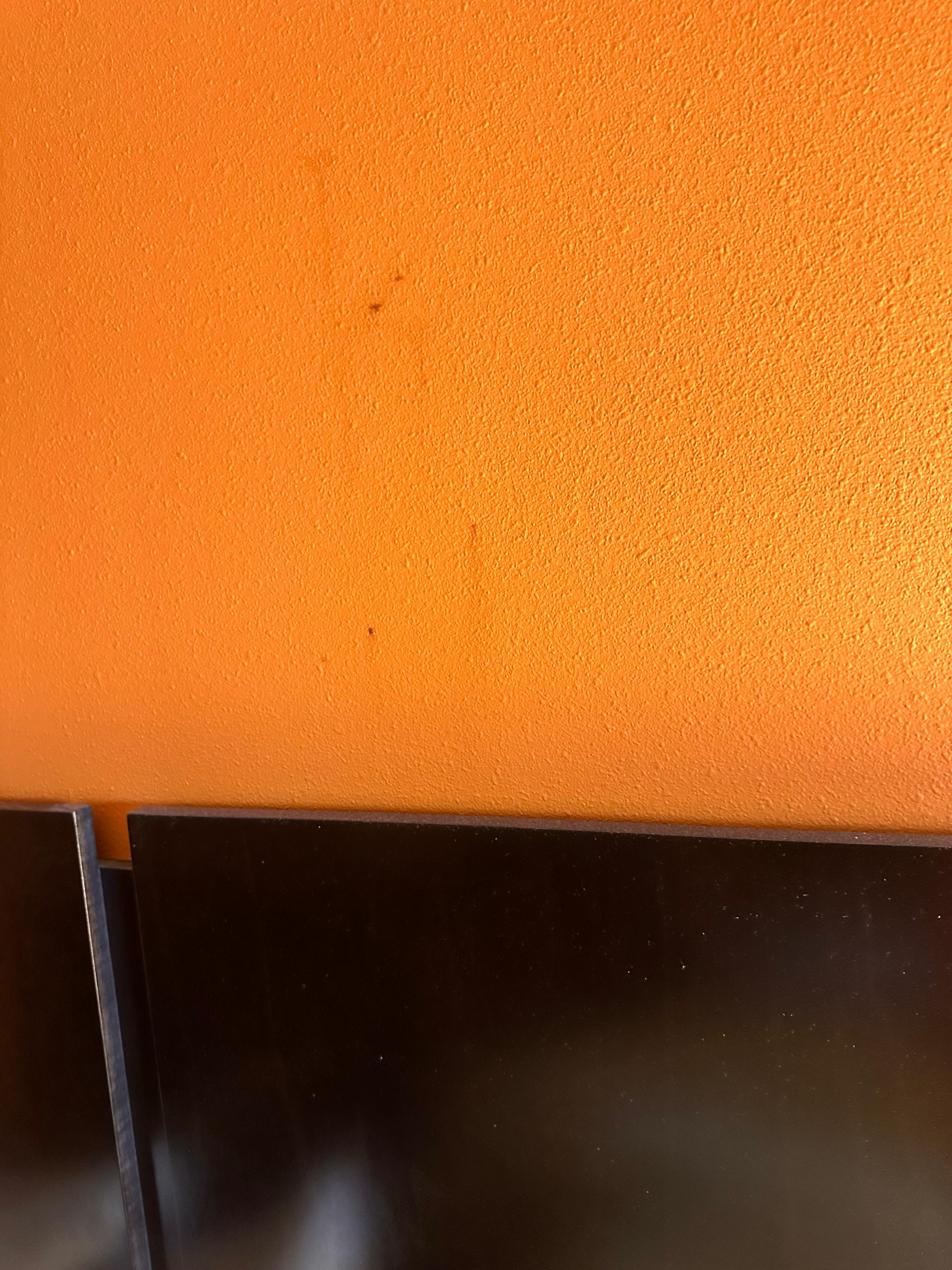 Stain red/brown on wall above bed