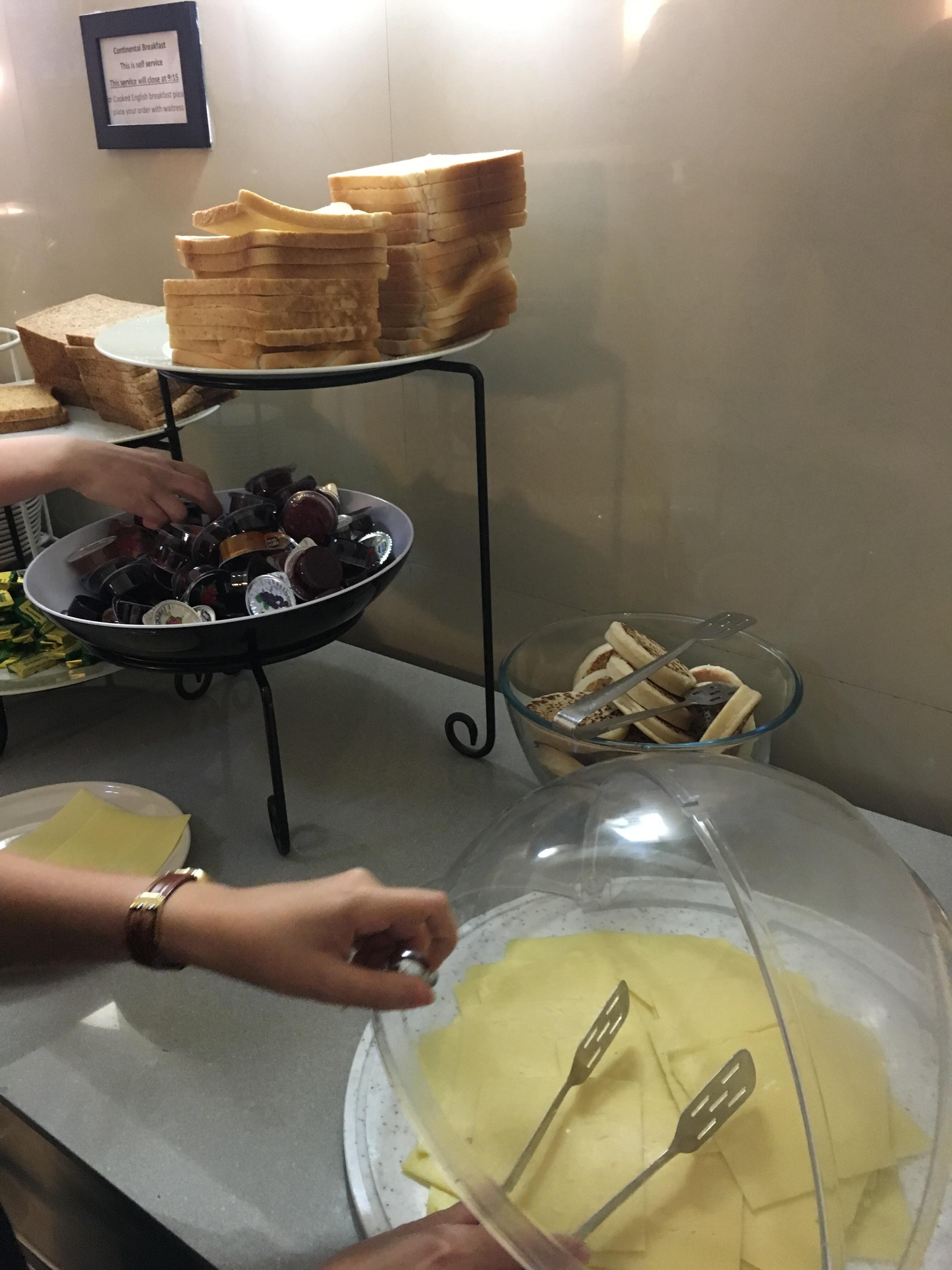 This is all you get for breakfast. Cheese, some cheap toast, jam and some cereal (filter coffee and english breakfast tea). I have seen better breakfasts in hostels