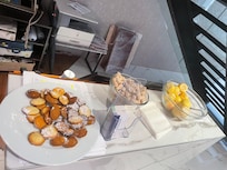 free delicious fruits, cookies and peanuts in the lobby