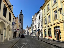 The quiet street in front of hotel that leads directly into the town square.