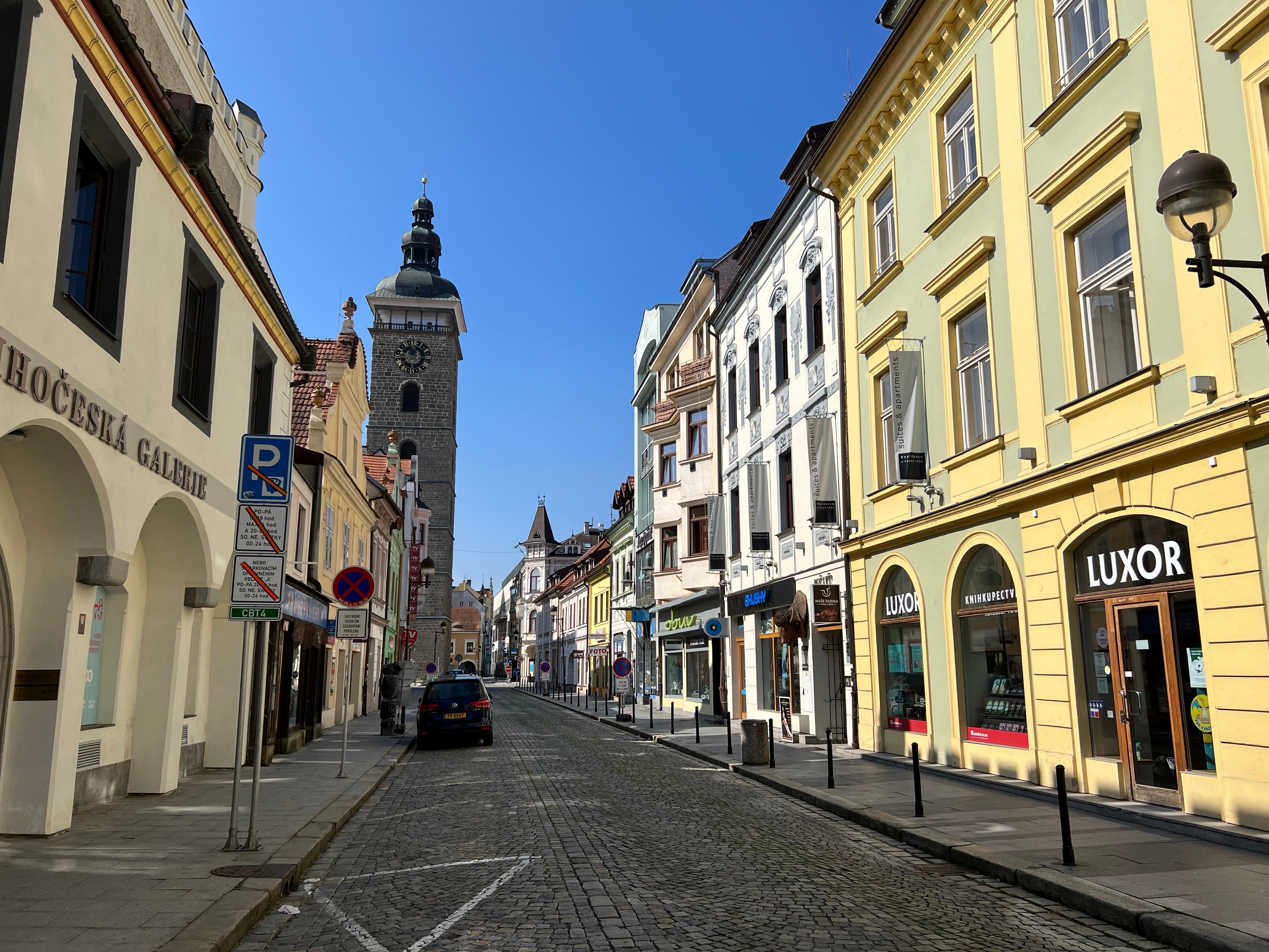 The quiet street in front of hotel that leads directly into the town square.