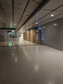 On the bottom level in the airport terminal in the middle or thereabouts.