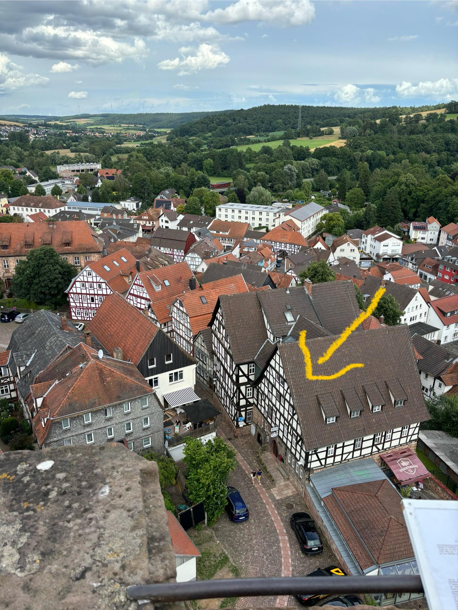 View of the hotel from the dungeon tower. Very nice old town 