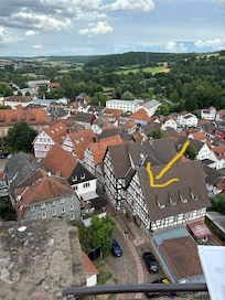 View of the hotel from the dungeon tower. Very nice old town