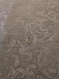 At the door to our room, we found a cigarette butt that had not been extinguished and left to burn a small hole into the dirty carpet.