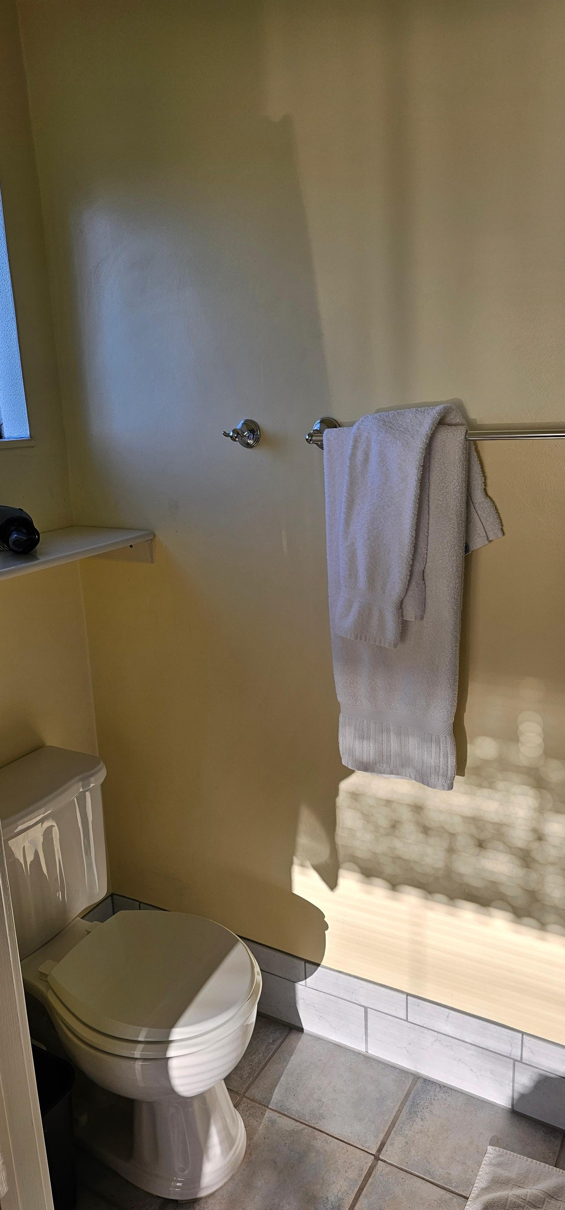 Hard to get a good picture of the bathroom.  Very clean. Shower comes with shampoo, conditioner and body wash dispenser. Towels were thick and cozy.