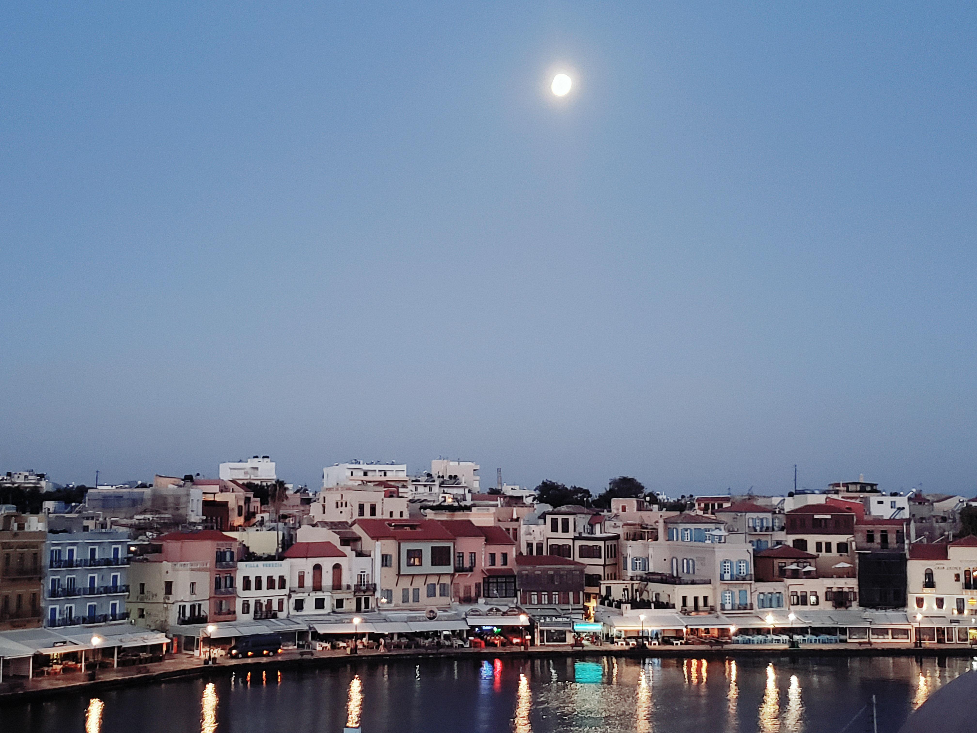 The moon as seen from room looking west over harbor.