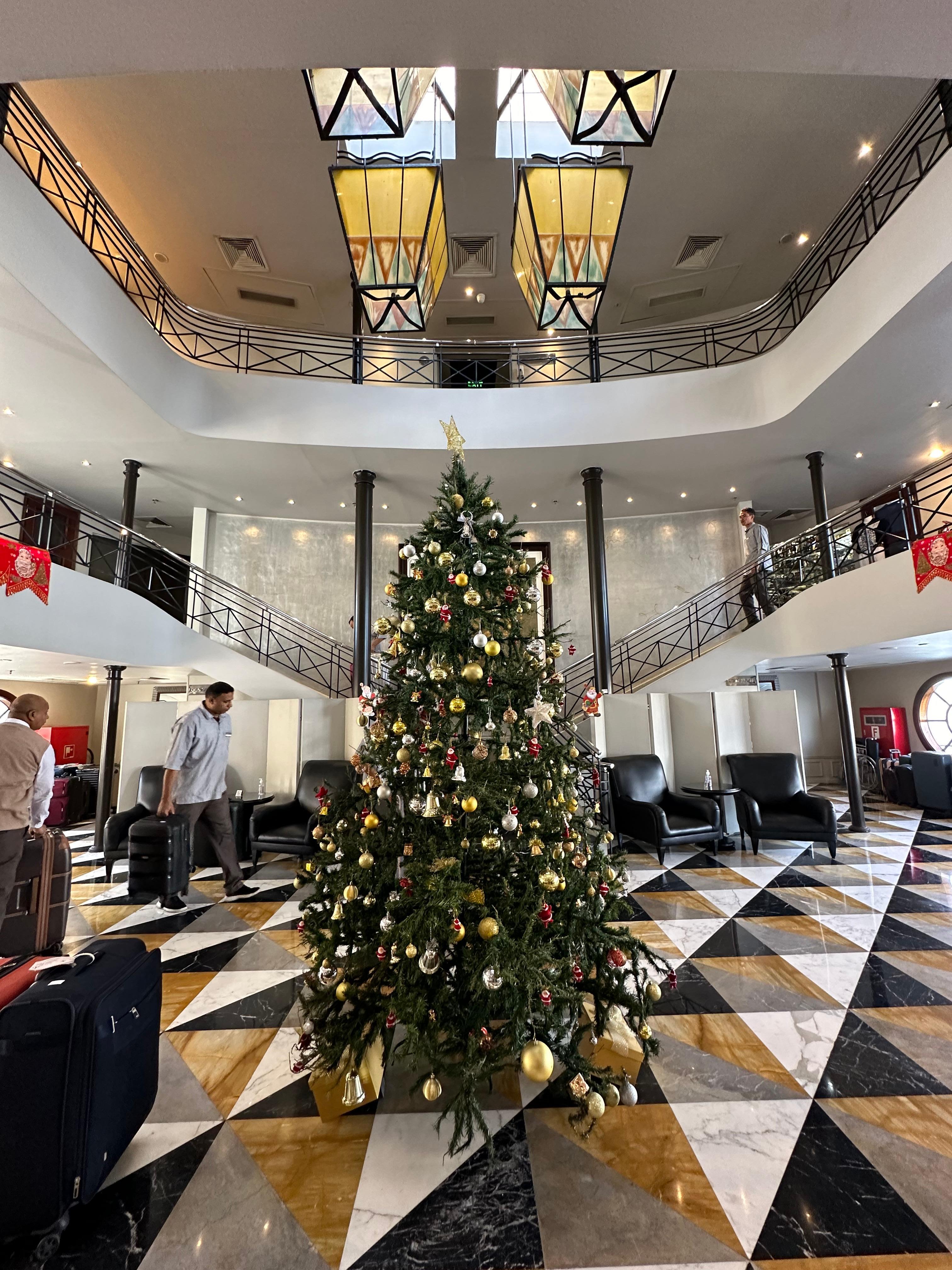 The main lobby decorated for Christmas