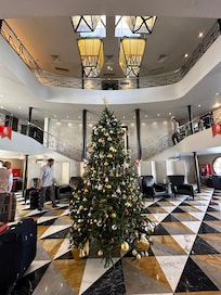 The main lobby decorated for Christmas