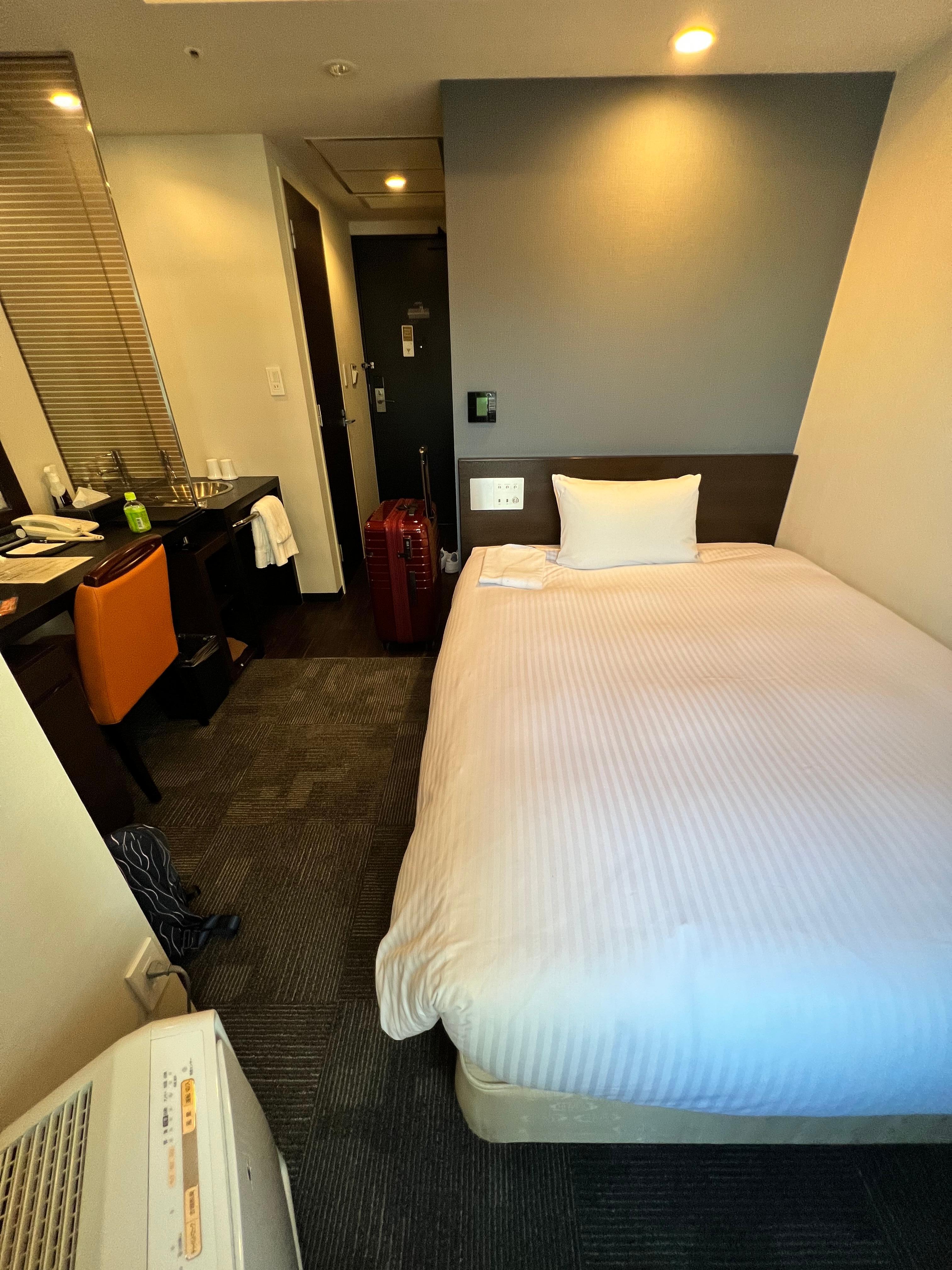 Deluxe single room. Toilet on the left, shower on the right. Photo taken by standing right at the end of the room.