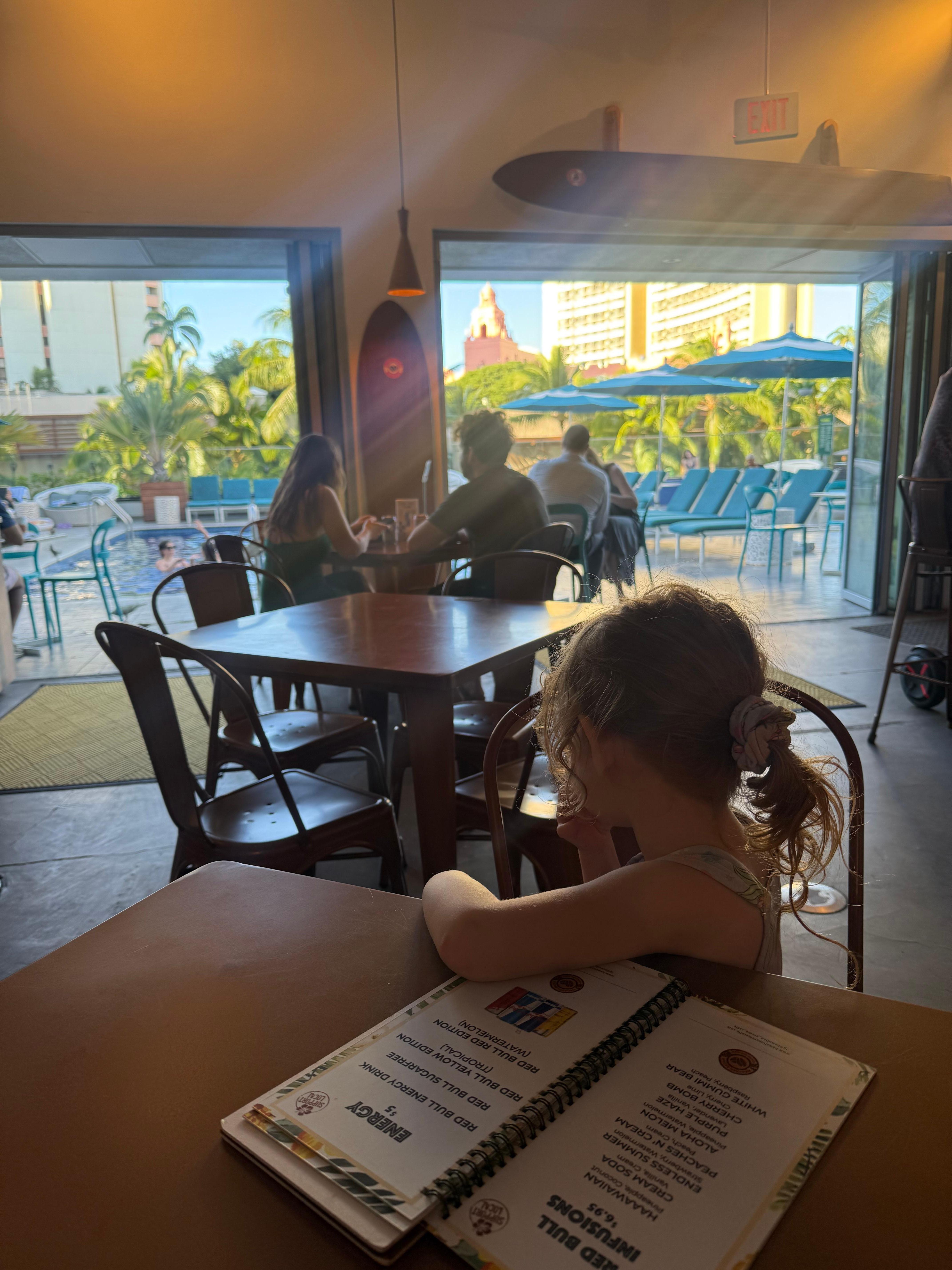 View of the pool area from the cafe