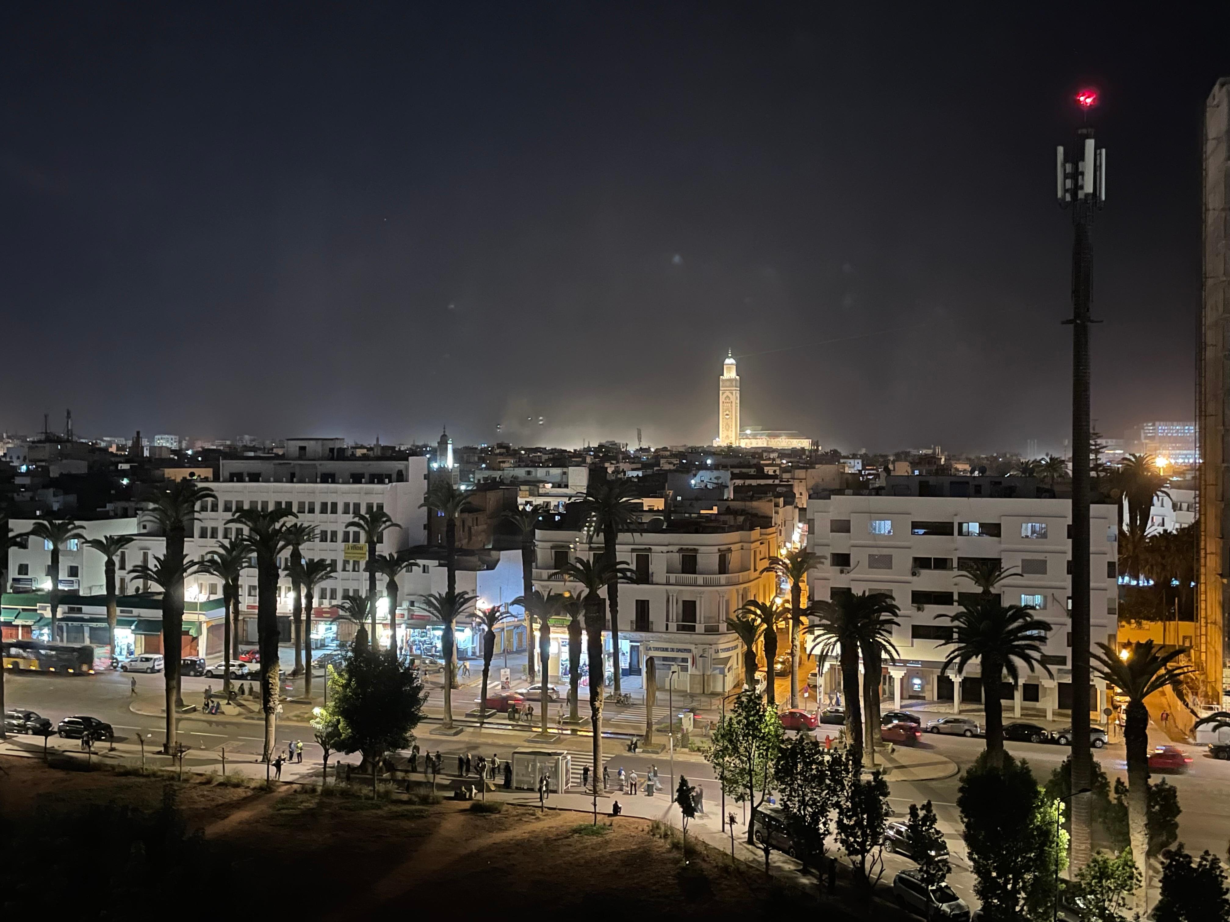 Evening view from our room. Gigantic Hassan 2 mosque in the distance and farther is the Atlantic.