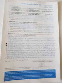 Hoja de reclamación presentada ante el hotel.