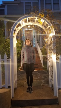 Evening lights outside the front entrance.