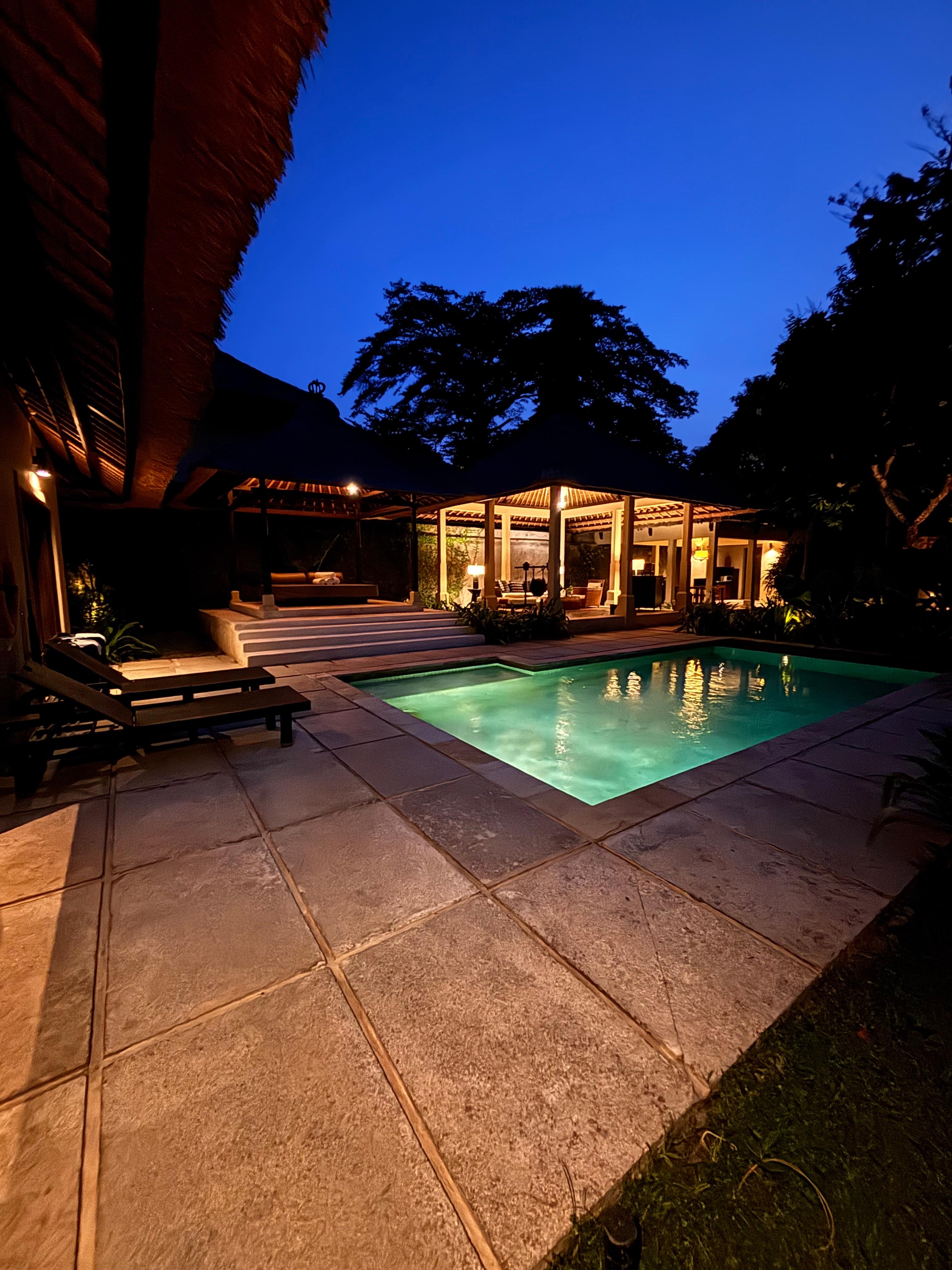 Night time view of the pool