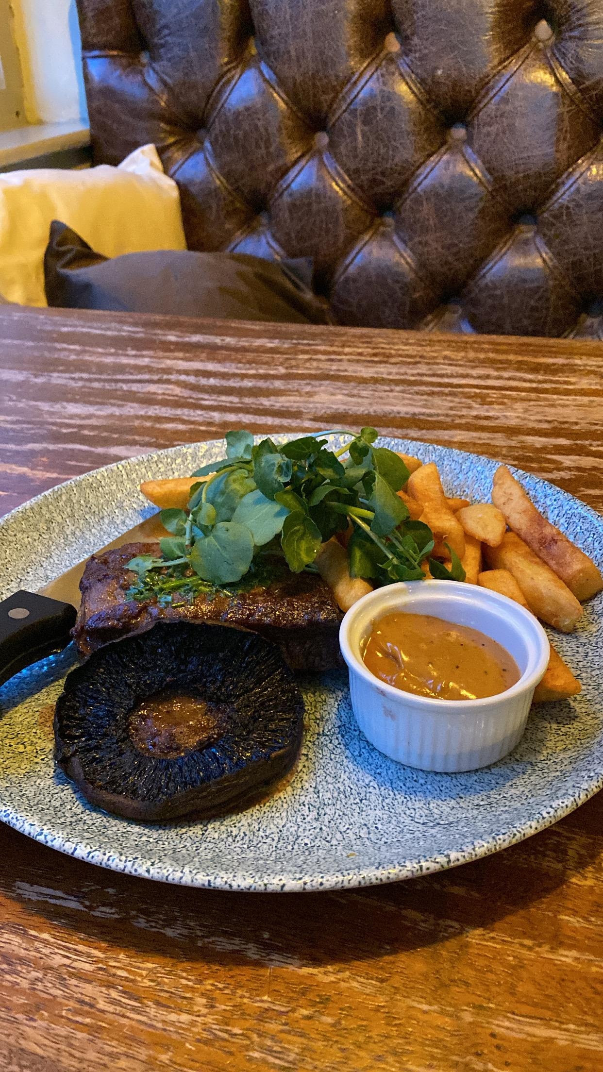 Flat iron steak, mushroom & thick cut chips.