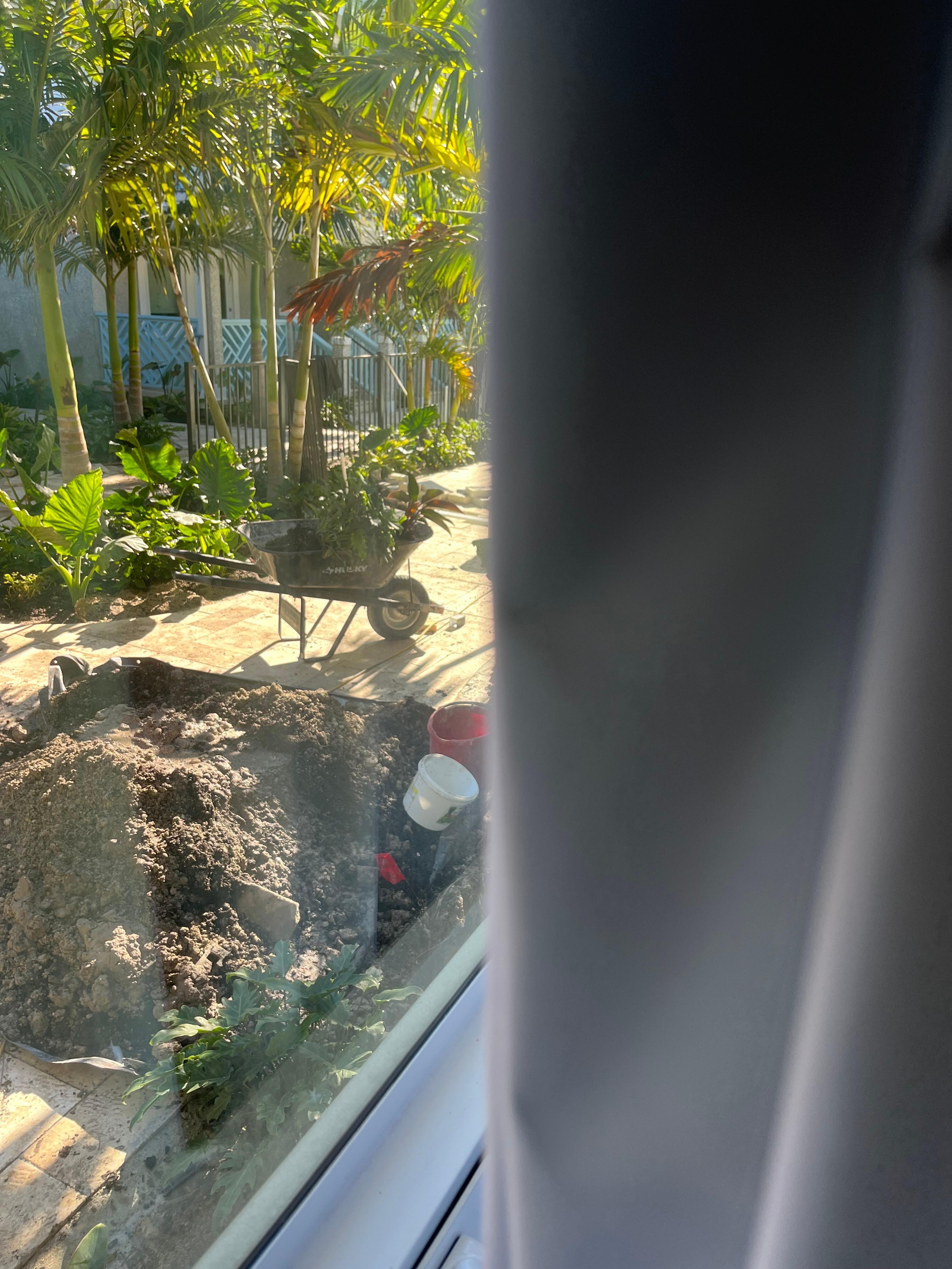 Bedroom window with workers outside in the early am.