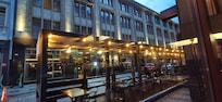 View of hotel from opposite bar