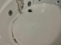 The remaining scum left in the tub after draining it and some of the towels that we had to use to mop up the flooded floor and our luggage