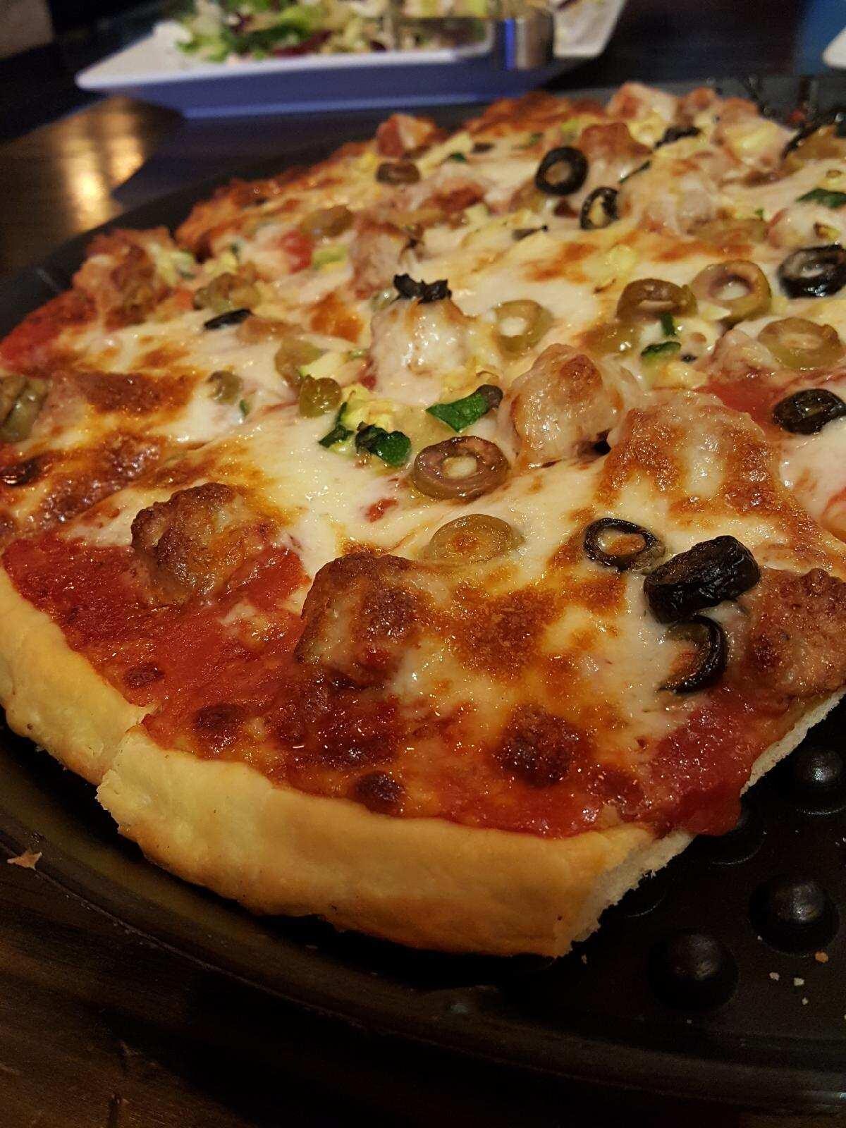 Delicious 'premium' custom pizza (and unshown outstanding and substantial salad) on offer at Home Run Inn (1/2 block)