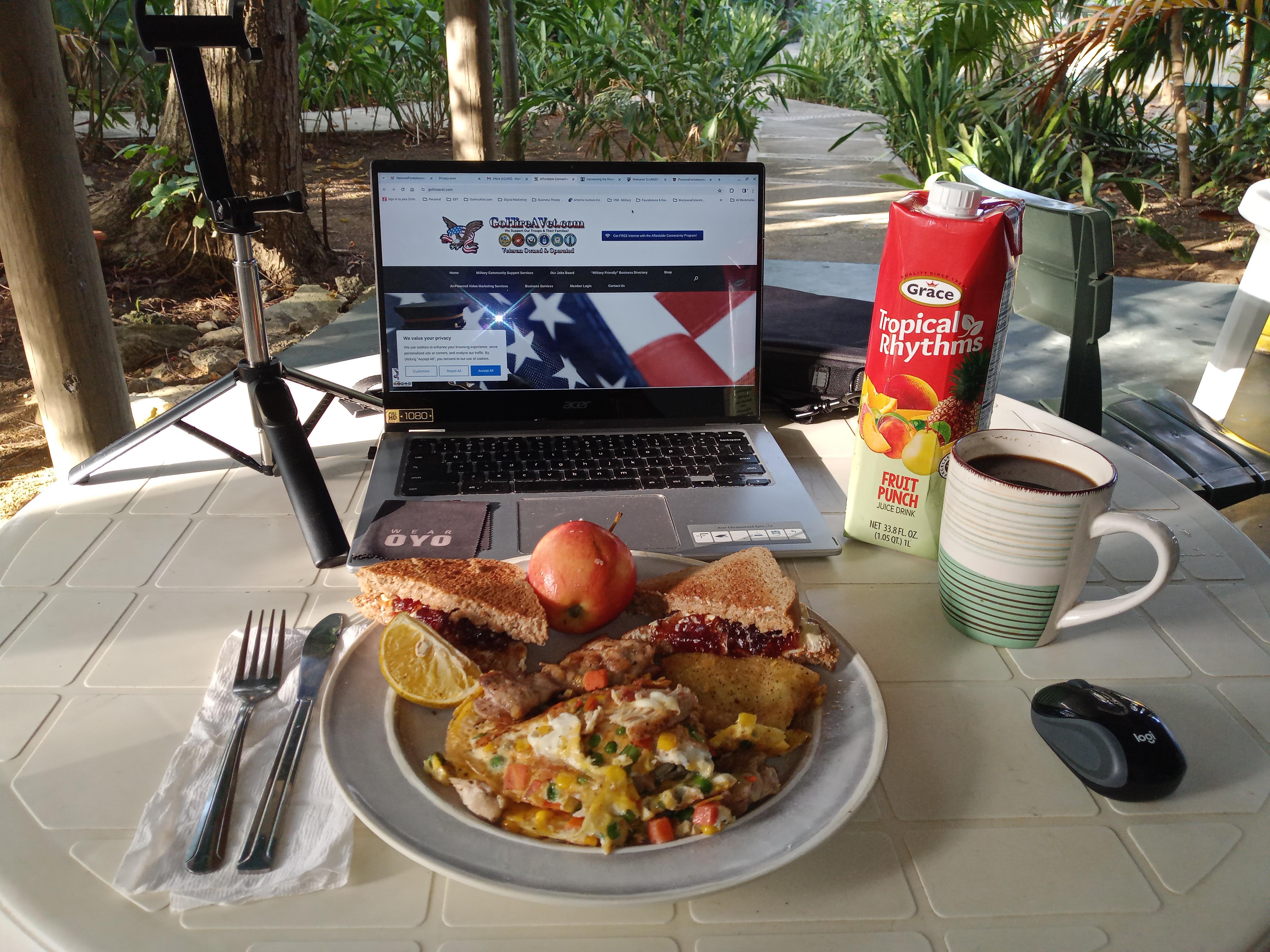 My version of a Jamaican Jerk Chicken Scramble Eggs Breakfast I enjoyed on the patio at Bak A Yaad everyday because of their full kitchen access!