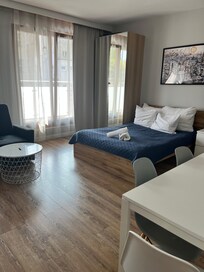 Sleeping area and wardrobes.
