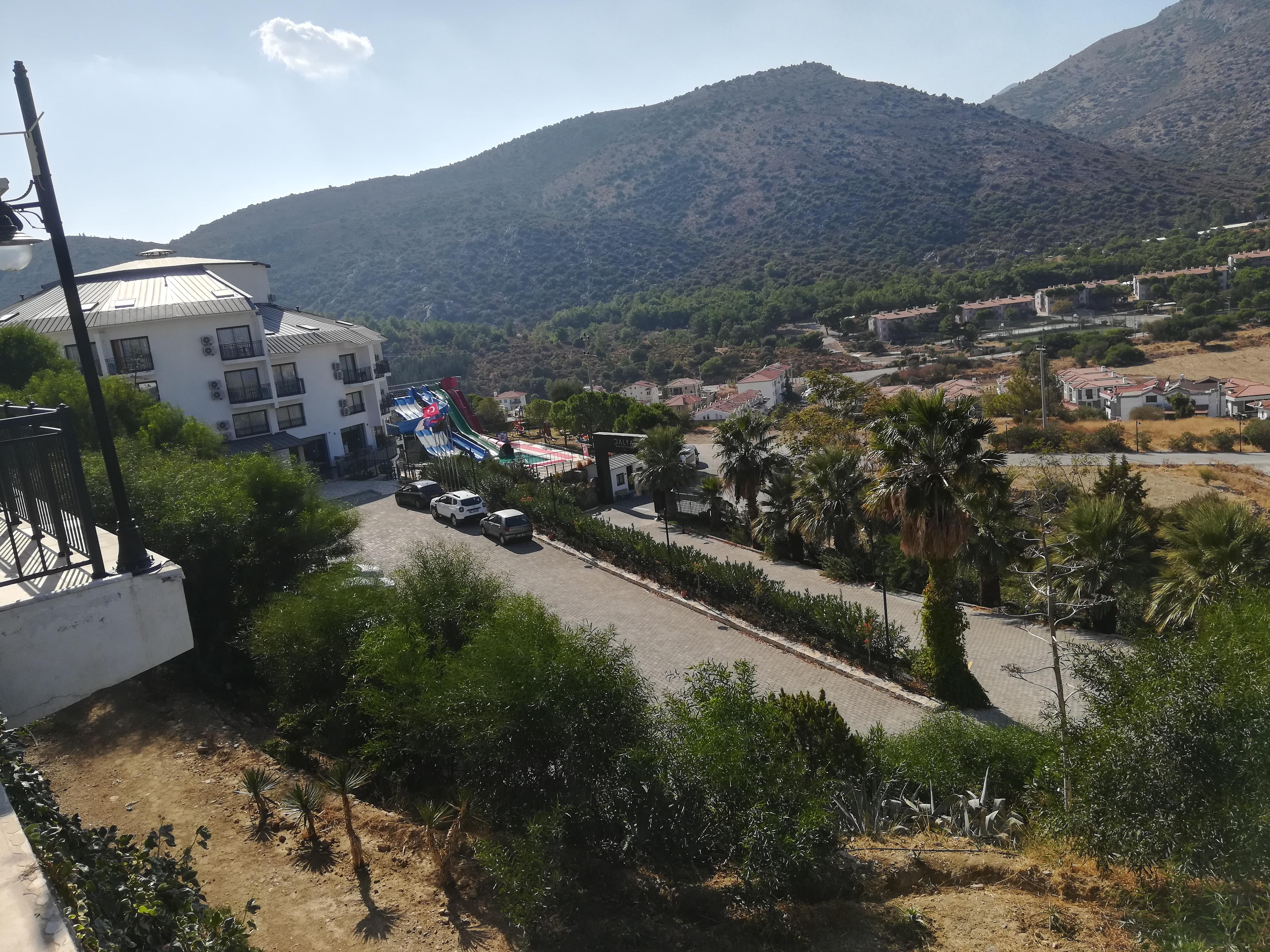 The lower accommodation and water park from the poolside terrace 