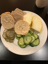 Dry bread, melon slices, cucumber and pickles. No other vegetables were available, not even margarine to put on the bread. The meat eaters had a full buffet complete with desserts.