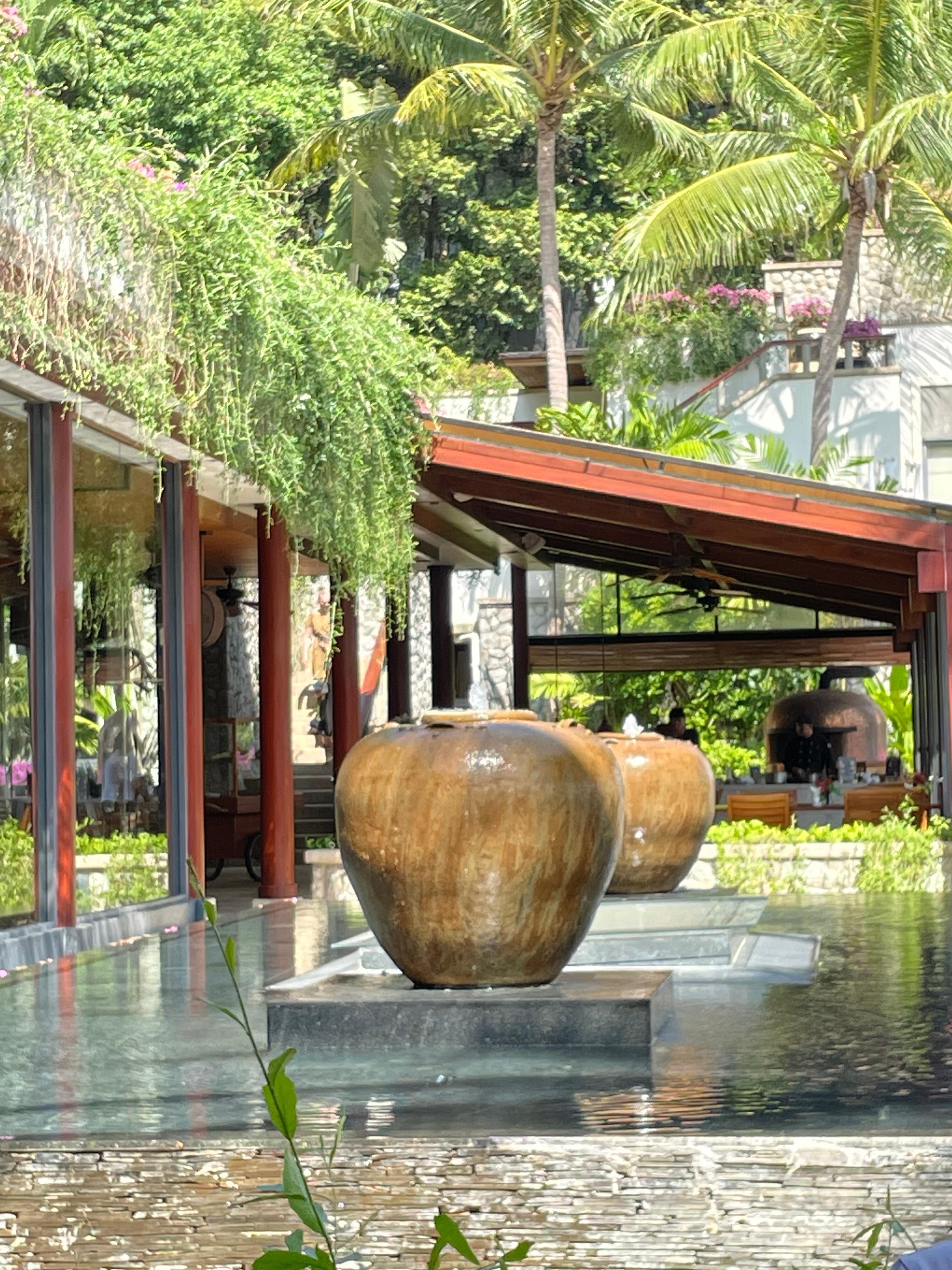 Water feature at outdoor seating area Silk restaurant