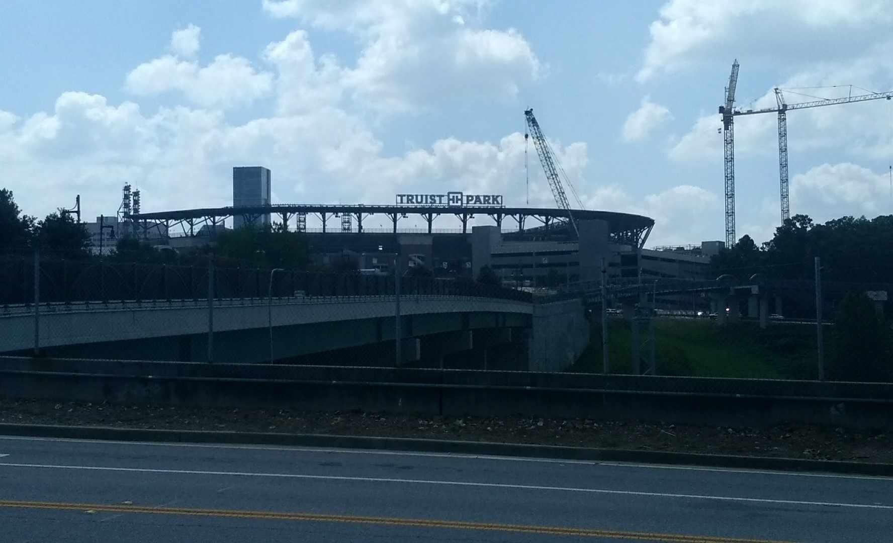 The view of Truist Park from the parking lot of the hotel