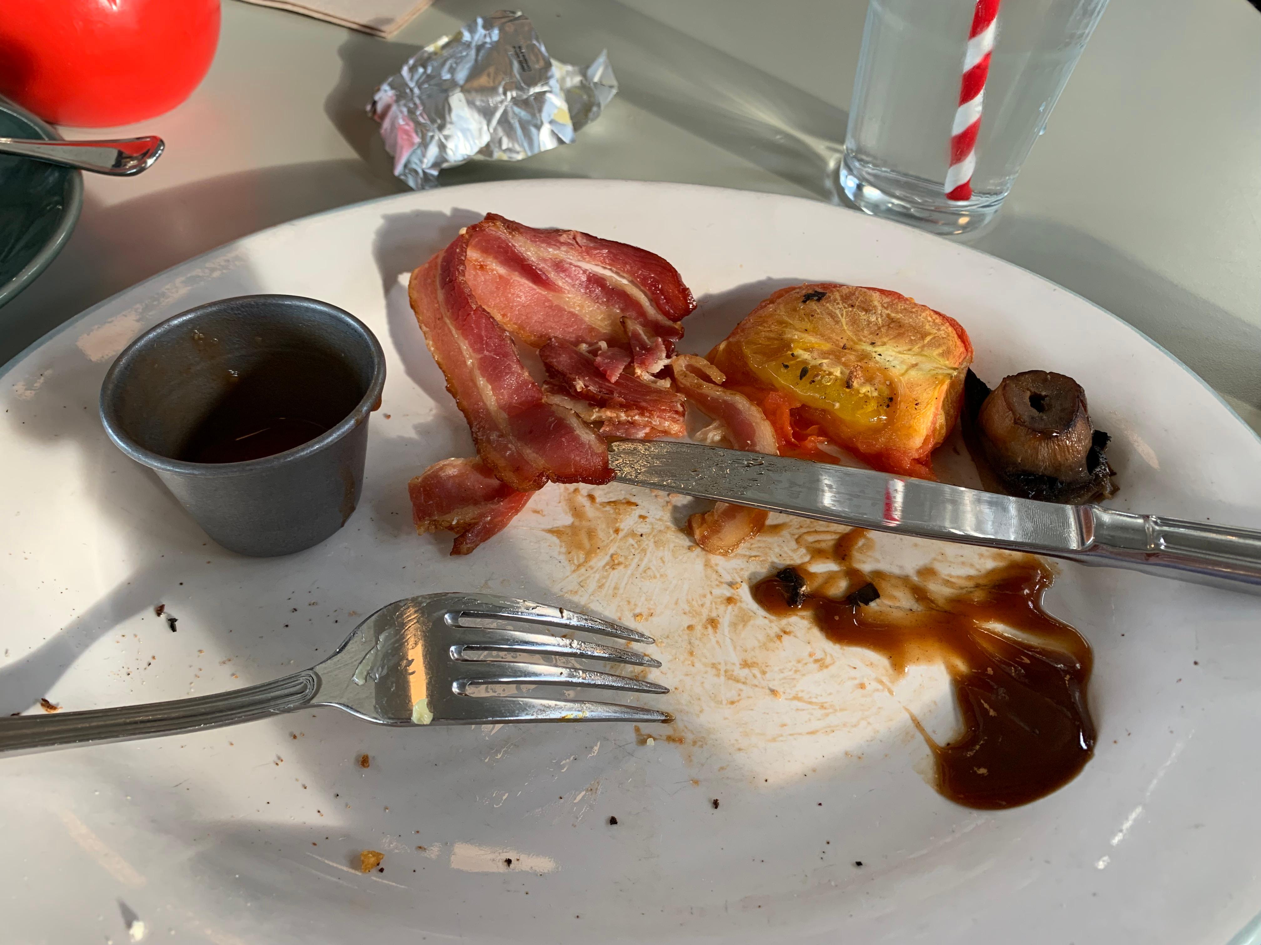 This is what I left. At £12.50, this didn't represent good value.  Bacon was refunded, but I declined the eggs as I can't eat them and there was no offer of a substitution for something else that's cheap like more beans either!