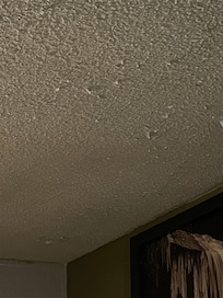 Peeling ceiling over bed.