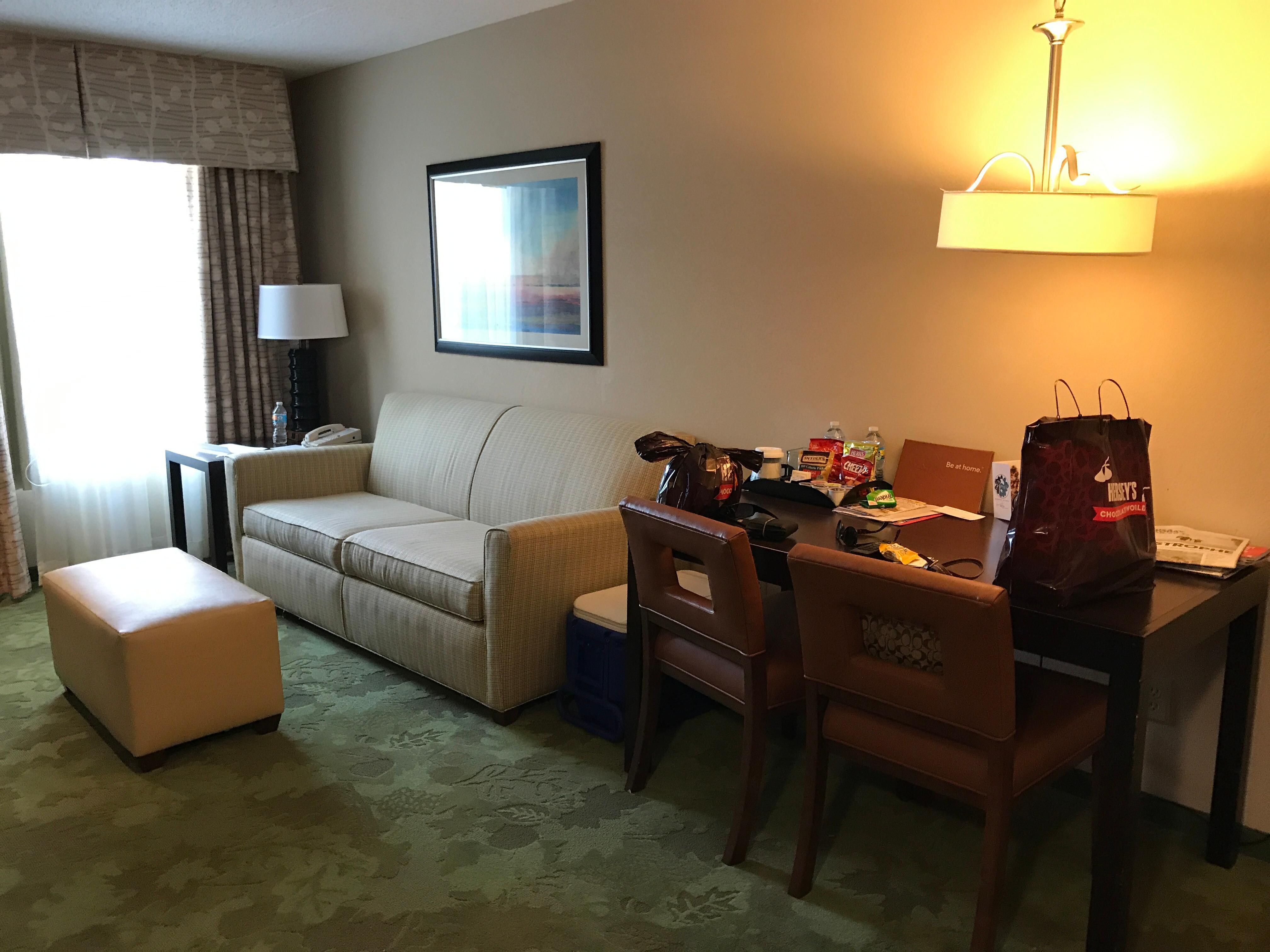 Very comfy sofa bed and dining table/desk with complementary snacks