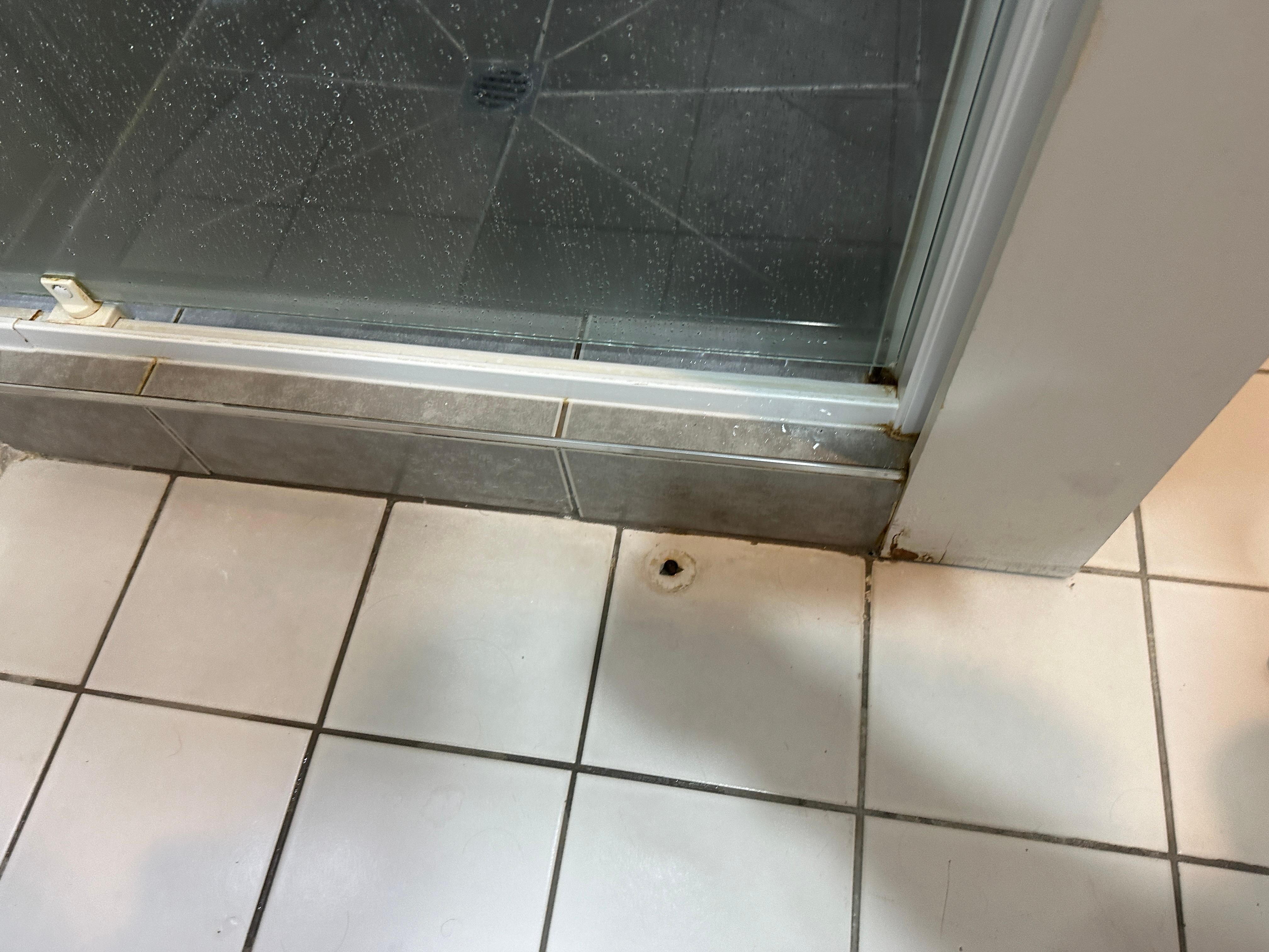 Rusted stud in floor by shower