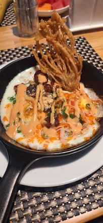 To order prepared backed eggs. Fried enoki mushrooms were yummy