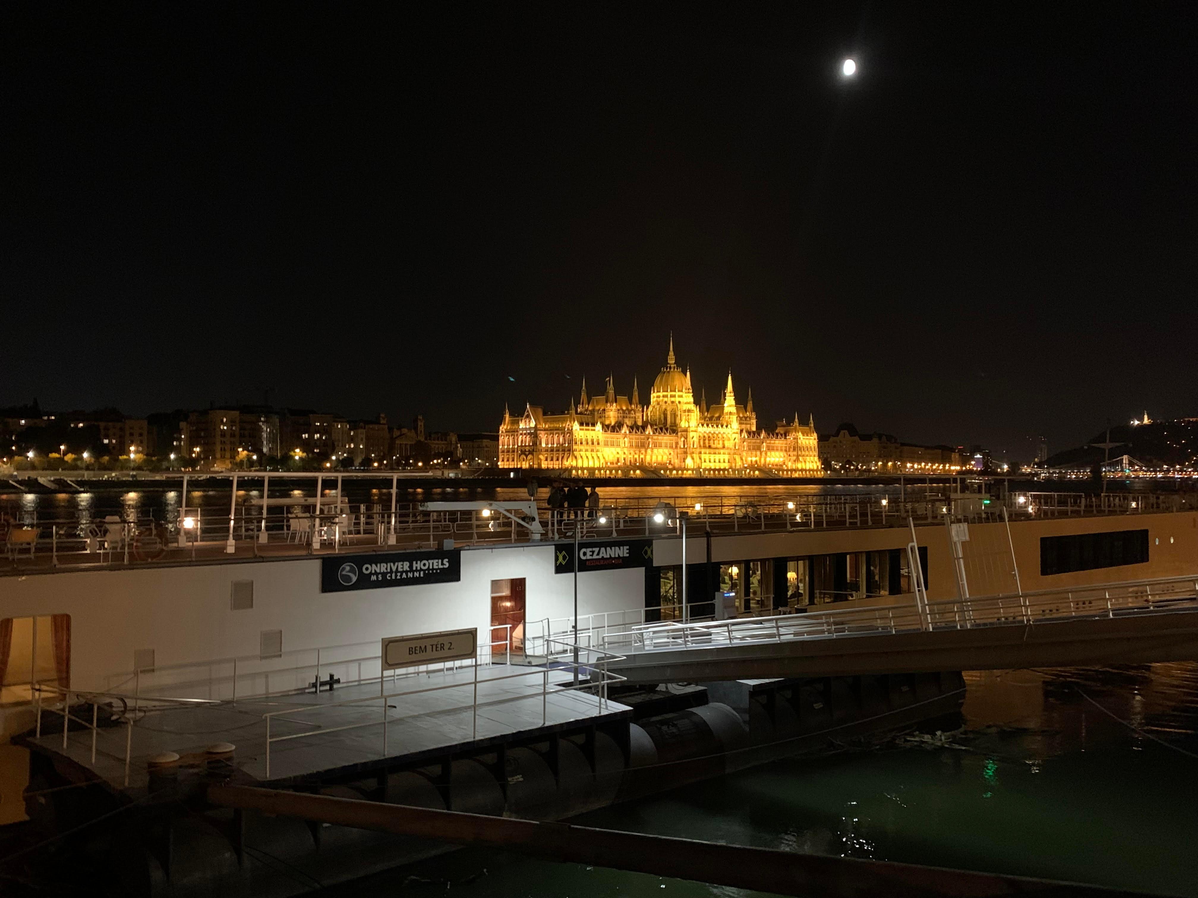 Accommodation in the foreground and Hungarian Parliament building in the background.