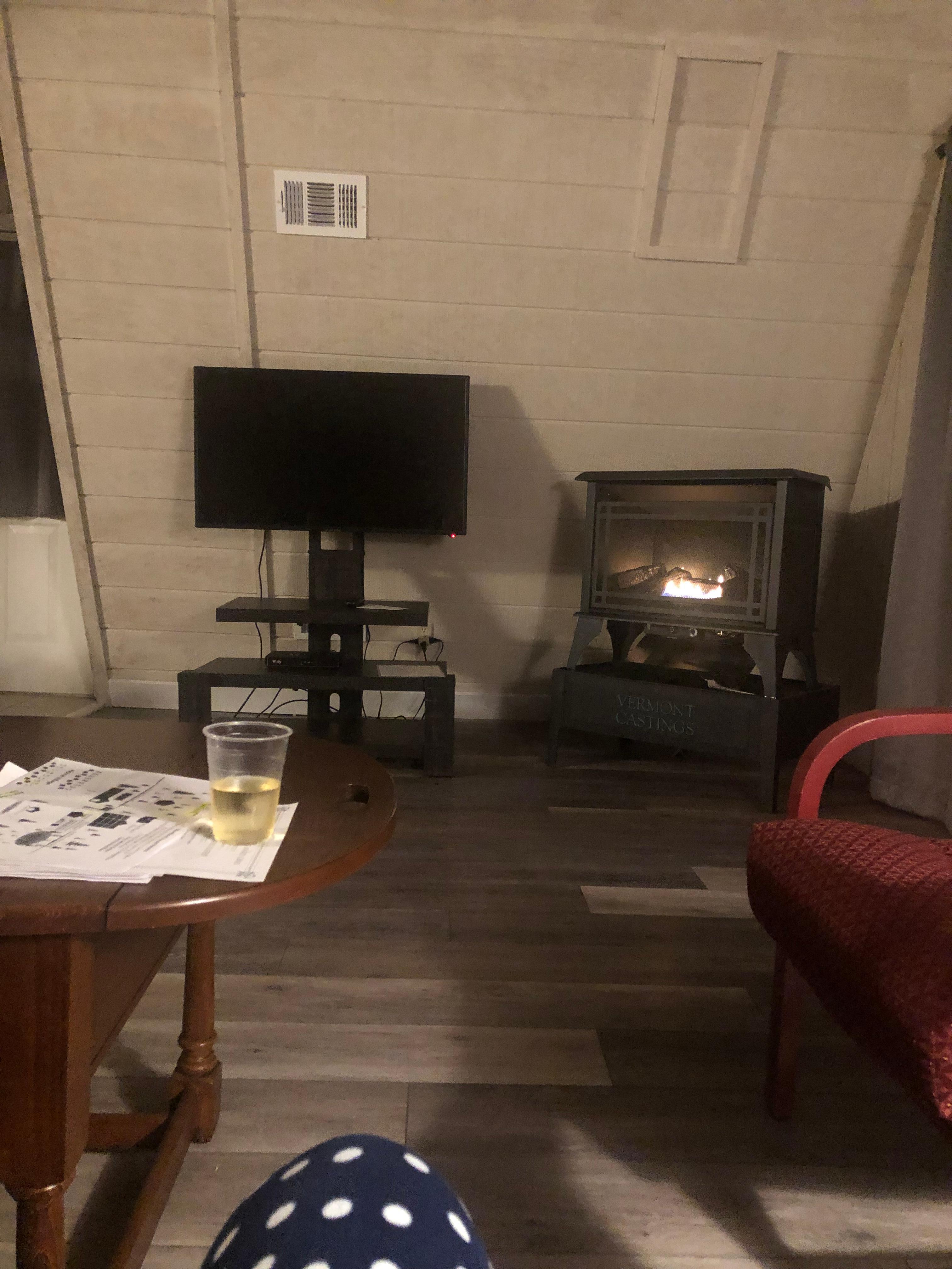 Enjoying the couch and fireplace 
