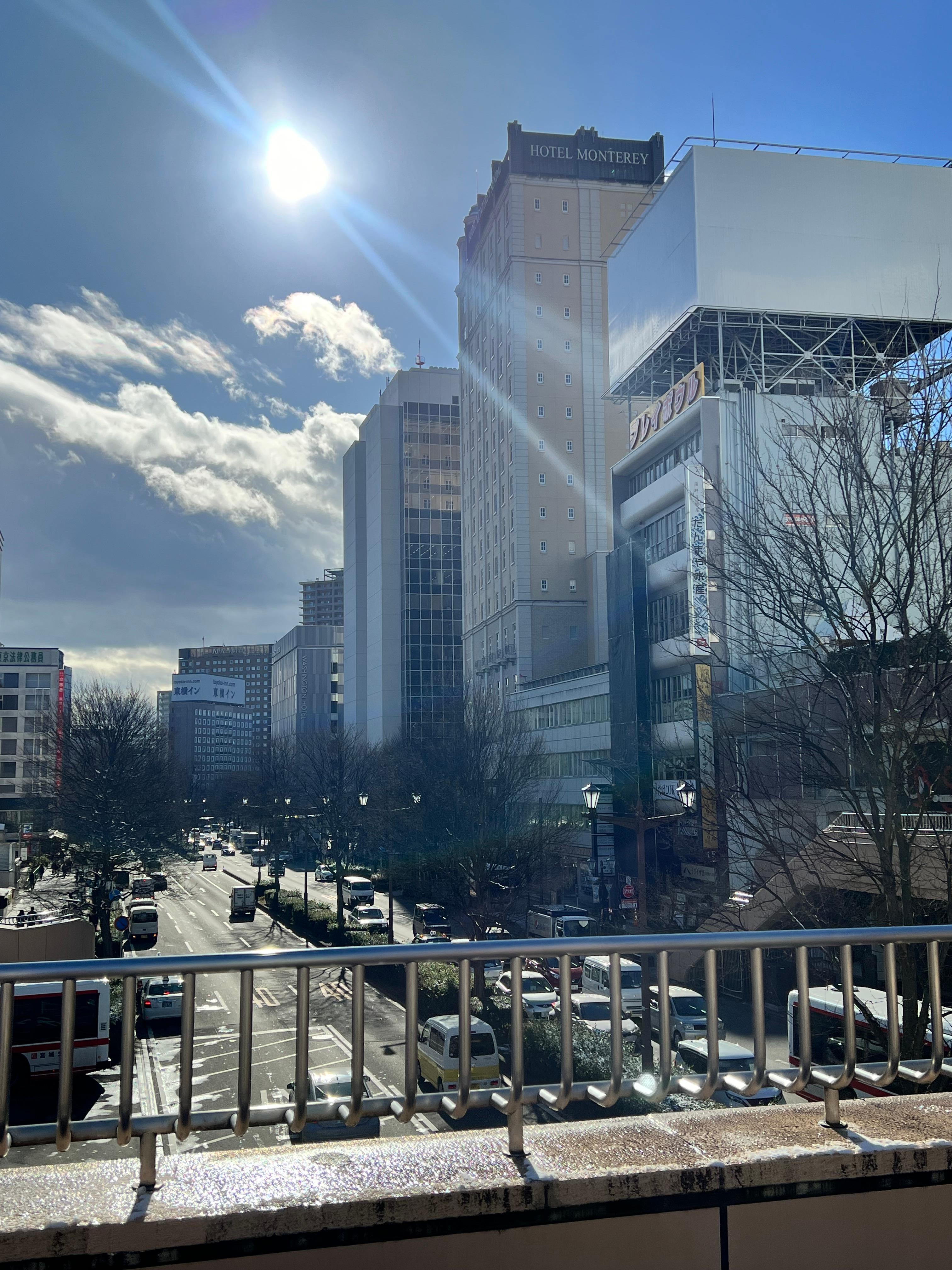 Taken from the overhead bridge leading to/from Sendai Station. Washington is the 4th building (on this picture) 