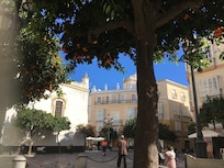 La vue sur la place depuis la terrasse de la cafétéria sous les orangers
