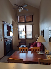 Living room with fireplace and sofa bed