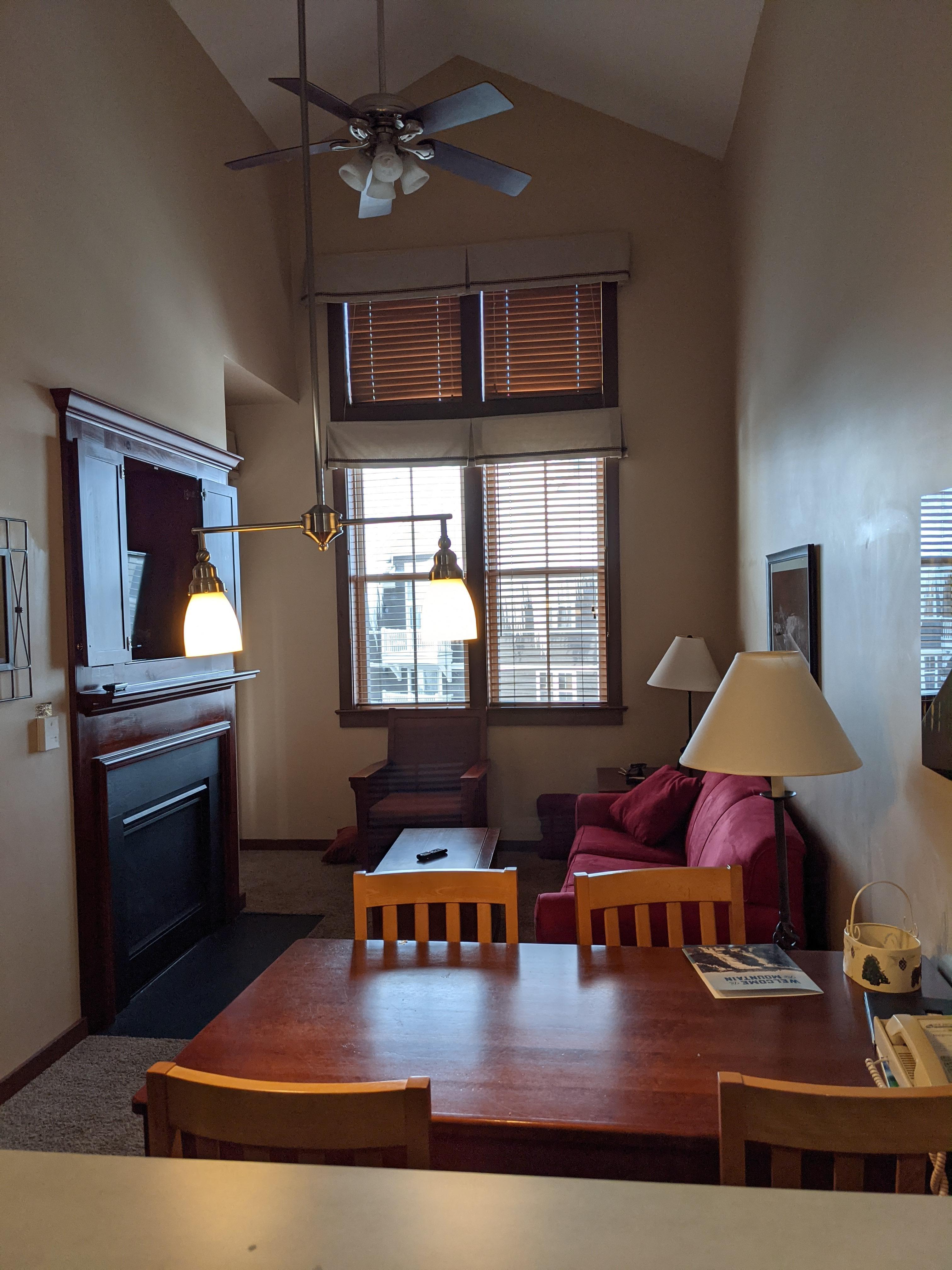 Living room with fireplace and sofa bed