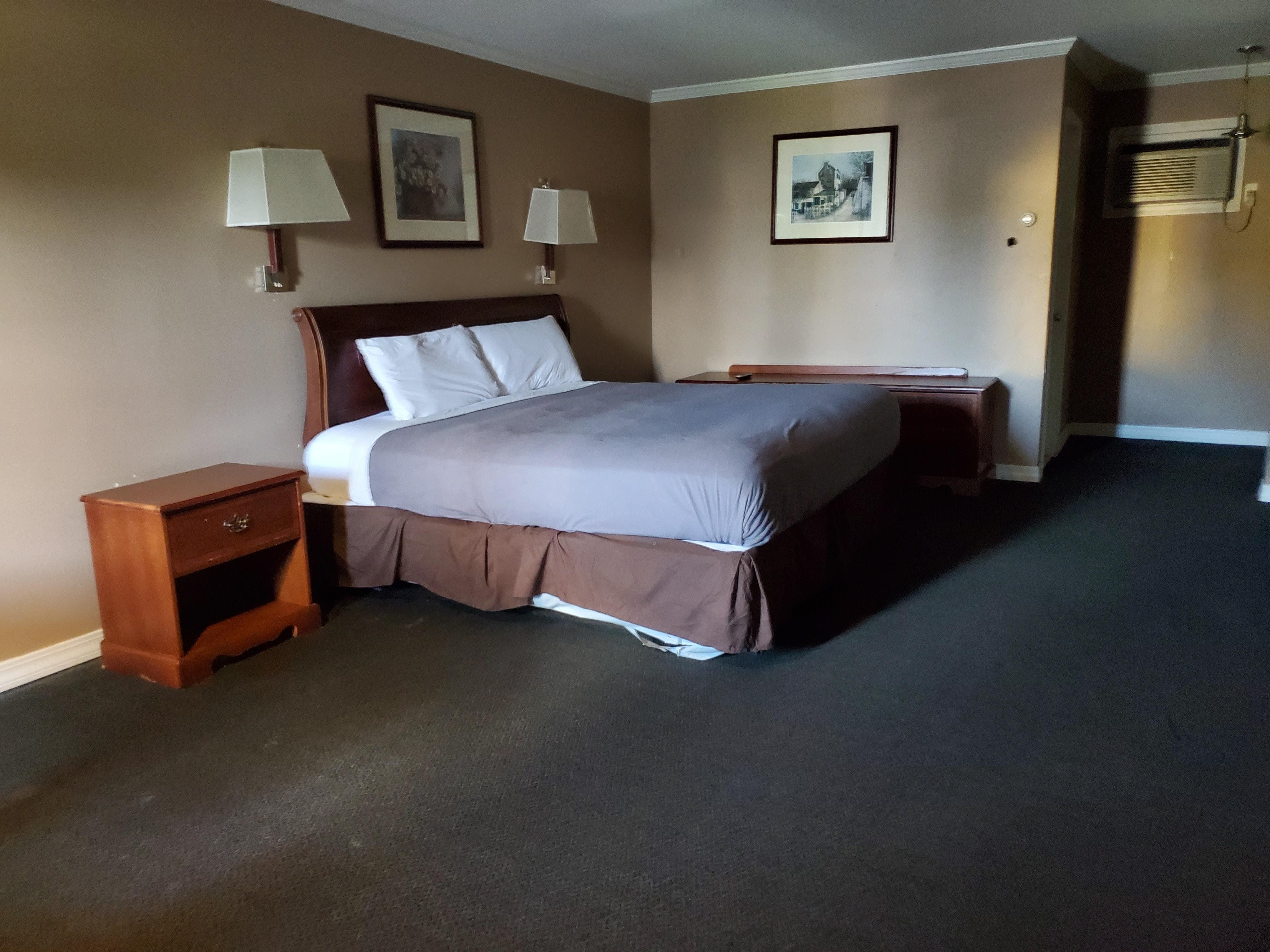 Big room but carpet stains next to bed and on walls