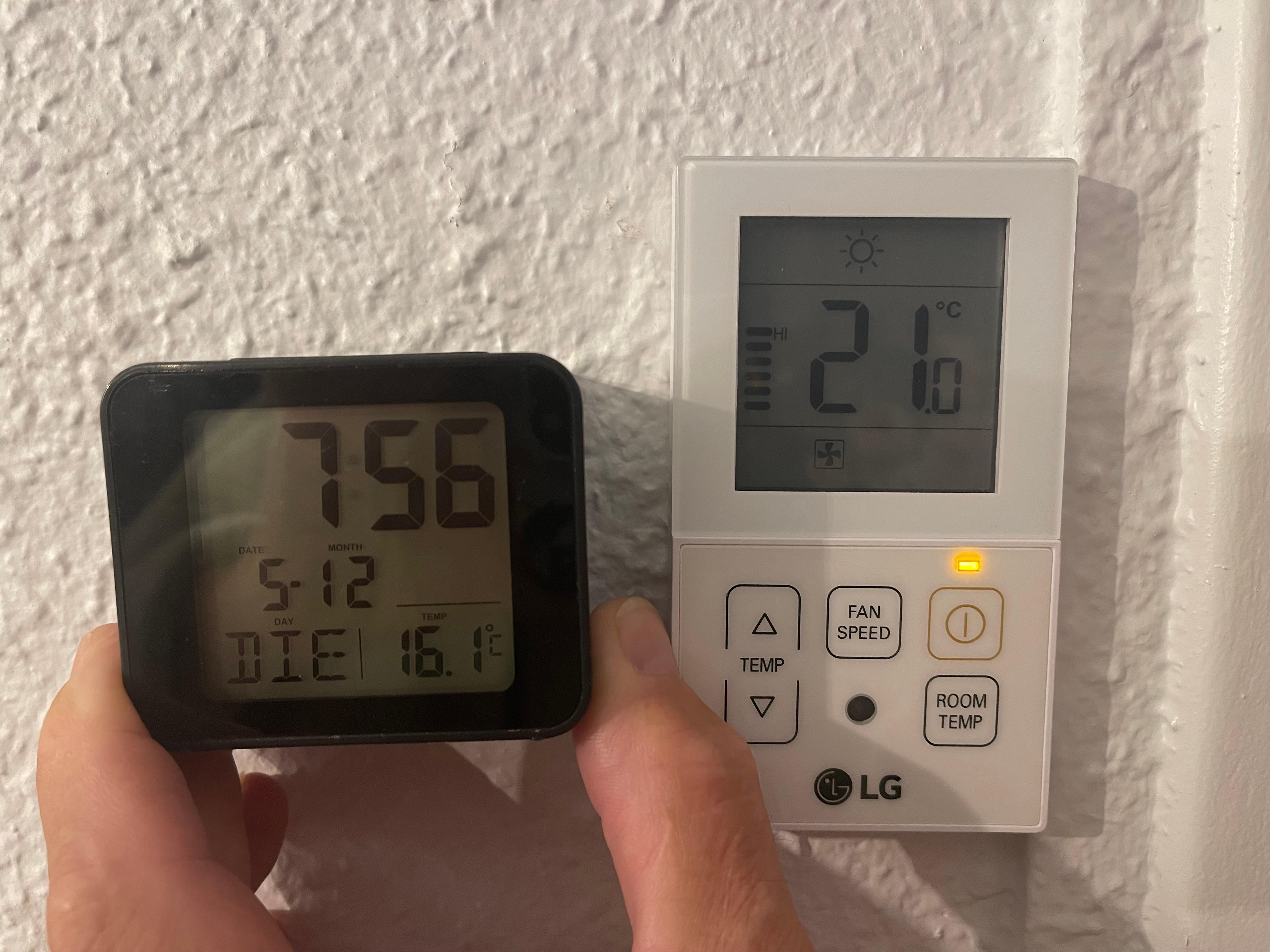 Room thermometer set to 21 degrees but maximum temperature achieved 16 degrees, sometimes as low as 15.7 degrees