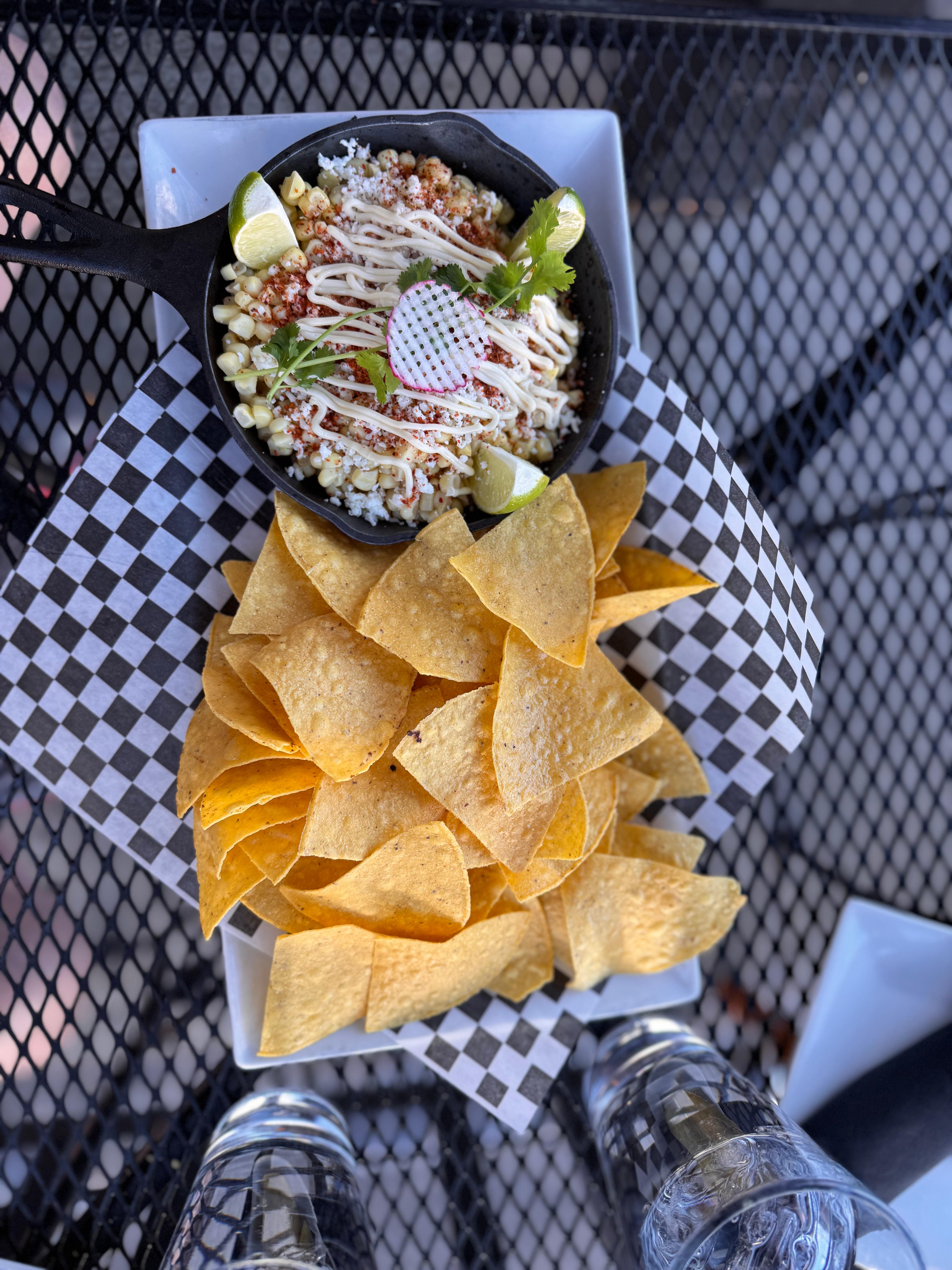 Corn and cheese starter at this  amazing Mexican restaurant on Main Street, with a balcony view.