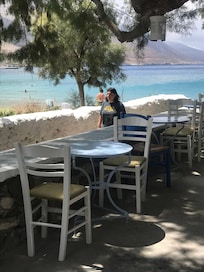 Le restaurant sous les arbres face à la mer